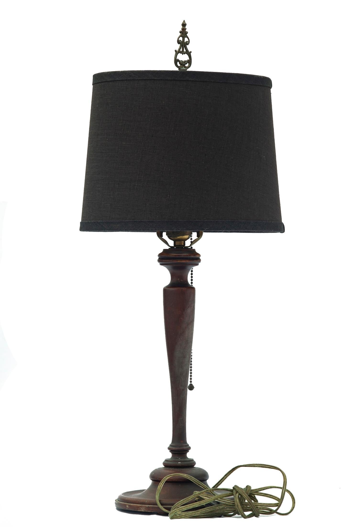 Rustic Dark Mahogany Candlestick Lamp W/Black Linen Shade