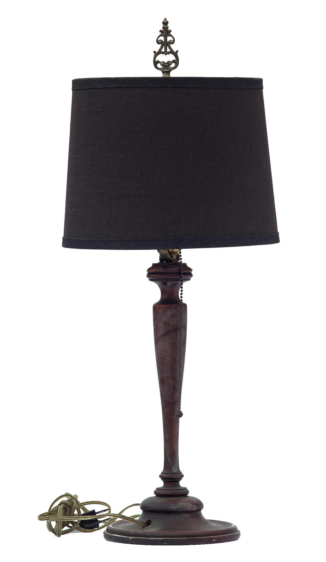 Unknown Dark Mahogany Candlestick Lamp W/Black Linen Shade