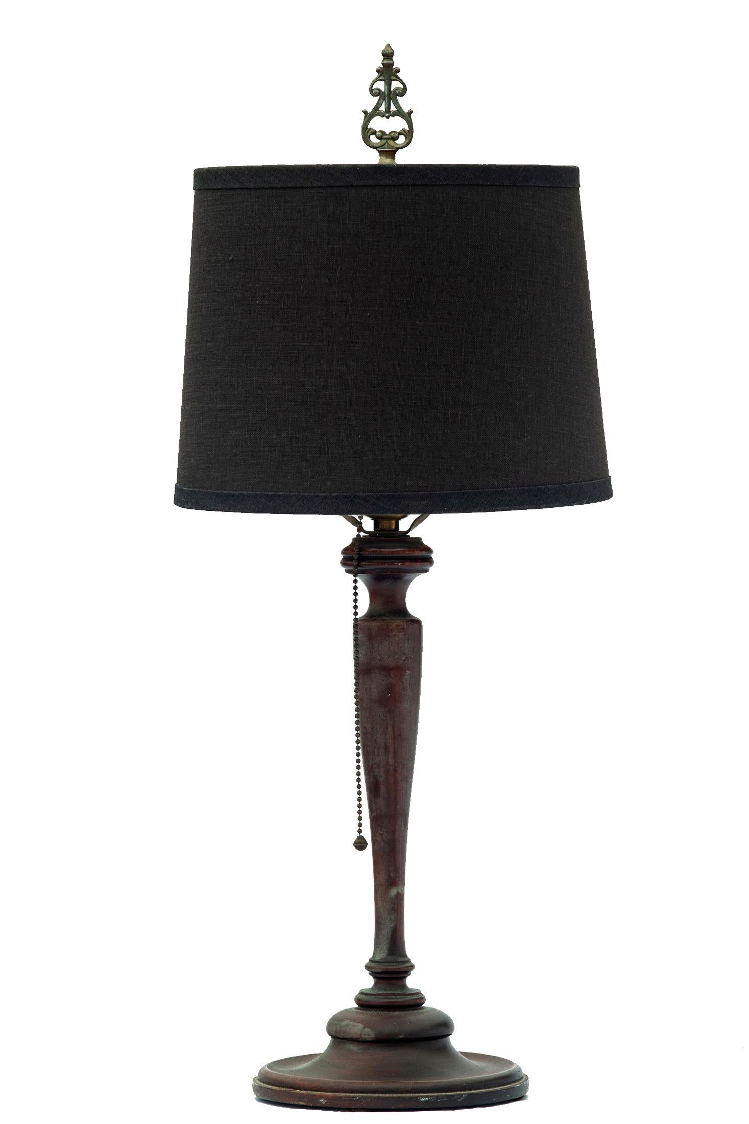 Dark Mahogany Candlestick Lamp W/Black Linen Shade In Good Condition In Malibu, CA
