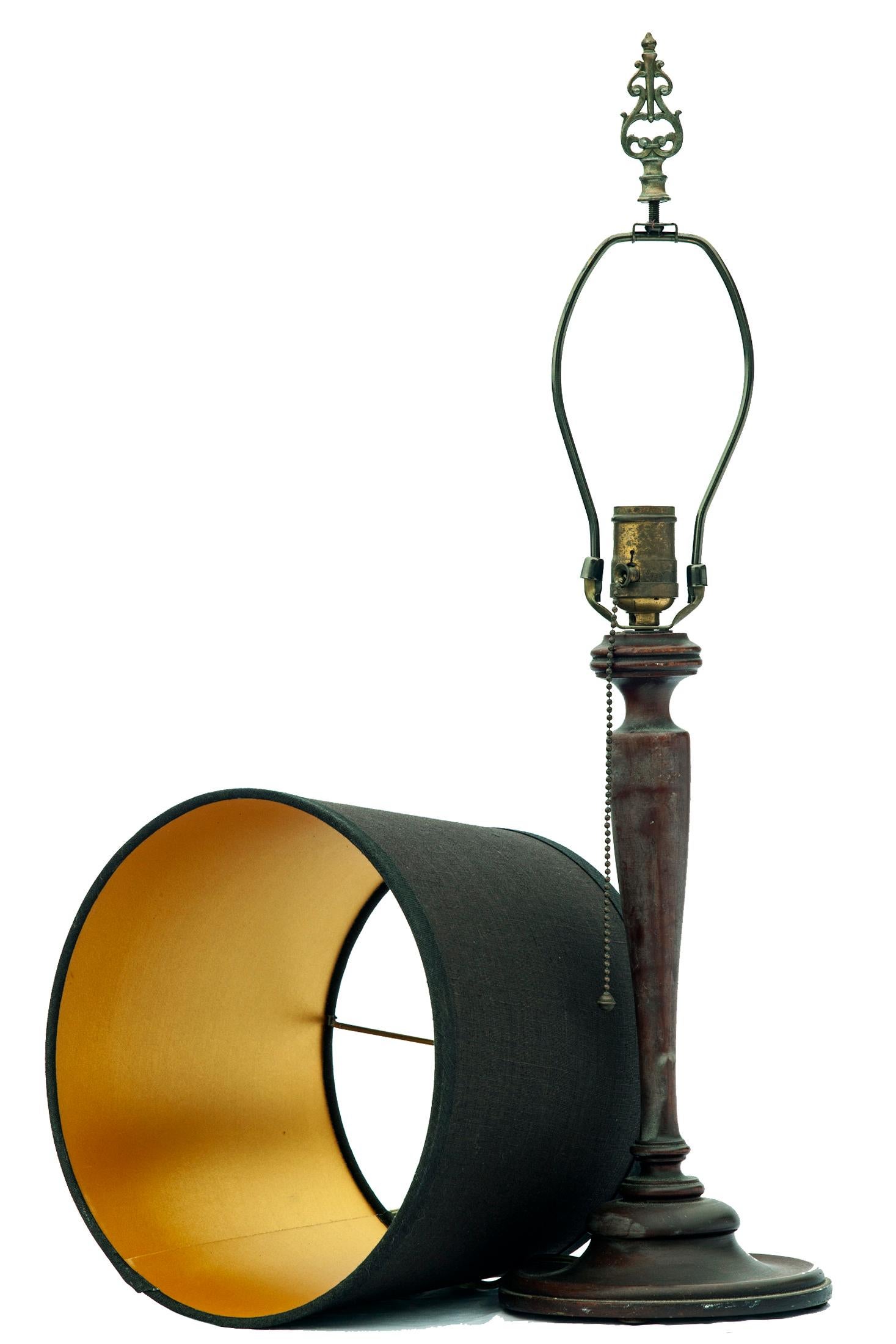 20th Century Dark Mahogany Candlestick Lamp W/Black Linen Shade