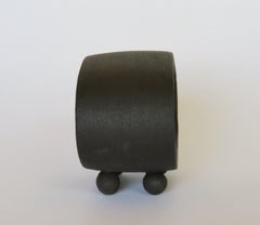 Dark Matte Brown Ceramic Sculpture, Hollow Oval on 4 Button Feet, Hand Built