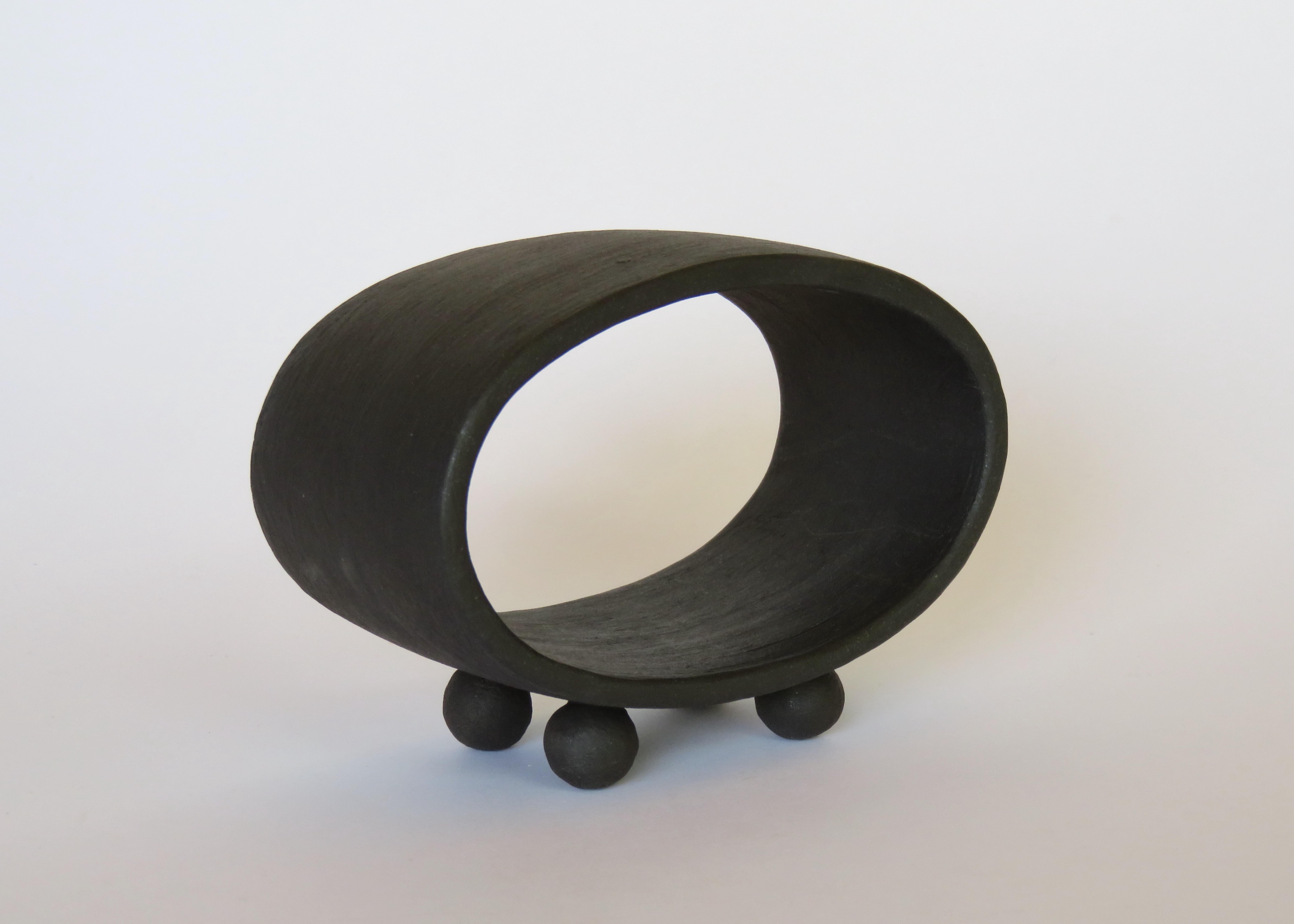 Organic Modern Dark Matte Brown Ceramic Sculpture, Hollow Oval on 4 Button Feet, Hand Built For Sale