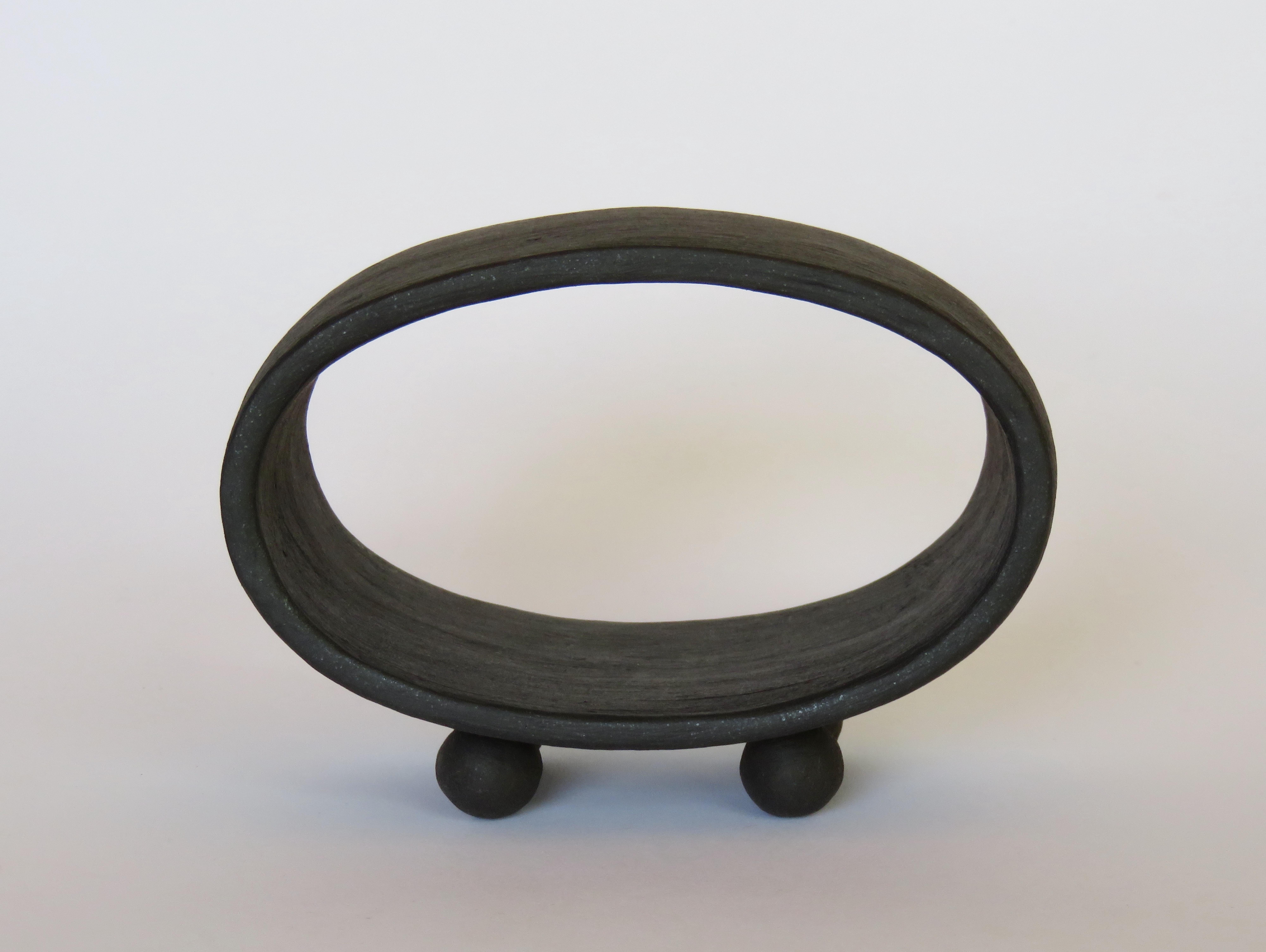 Glazed Dark Matte Brown Ceramic Sculpture, Hollow Oval on 4 Button Feet, Hand Built For Sale