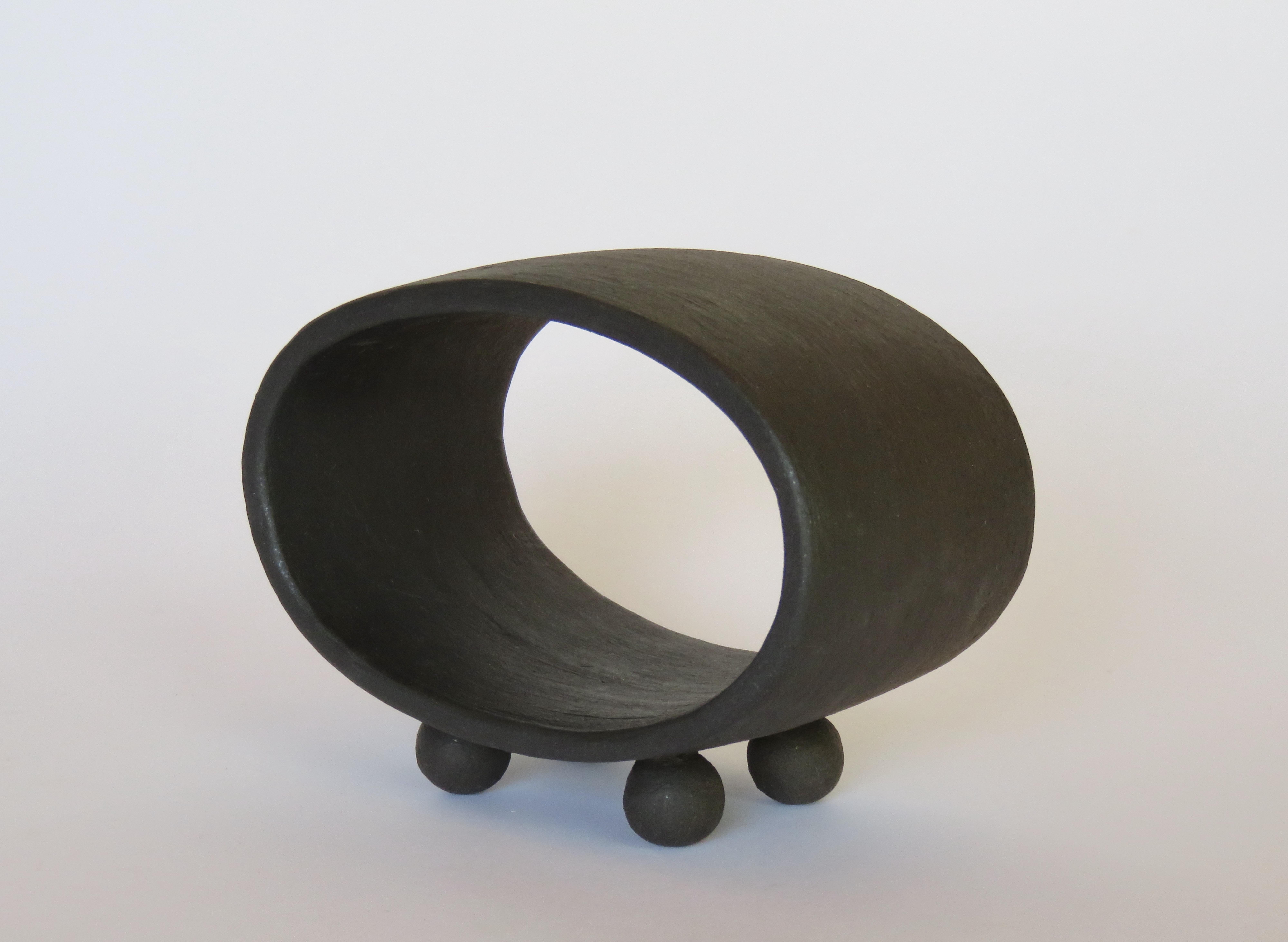 Dark Matte Brown Ceramic Sculpture, Hollow Oval on 4 Button Feet, Hand Built In New Condition For Sale In New York, NY