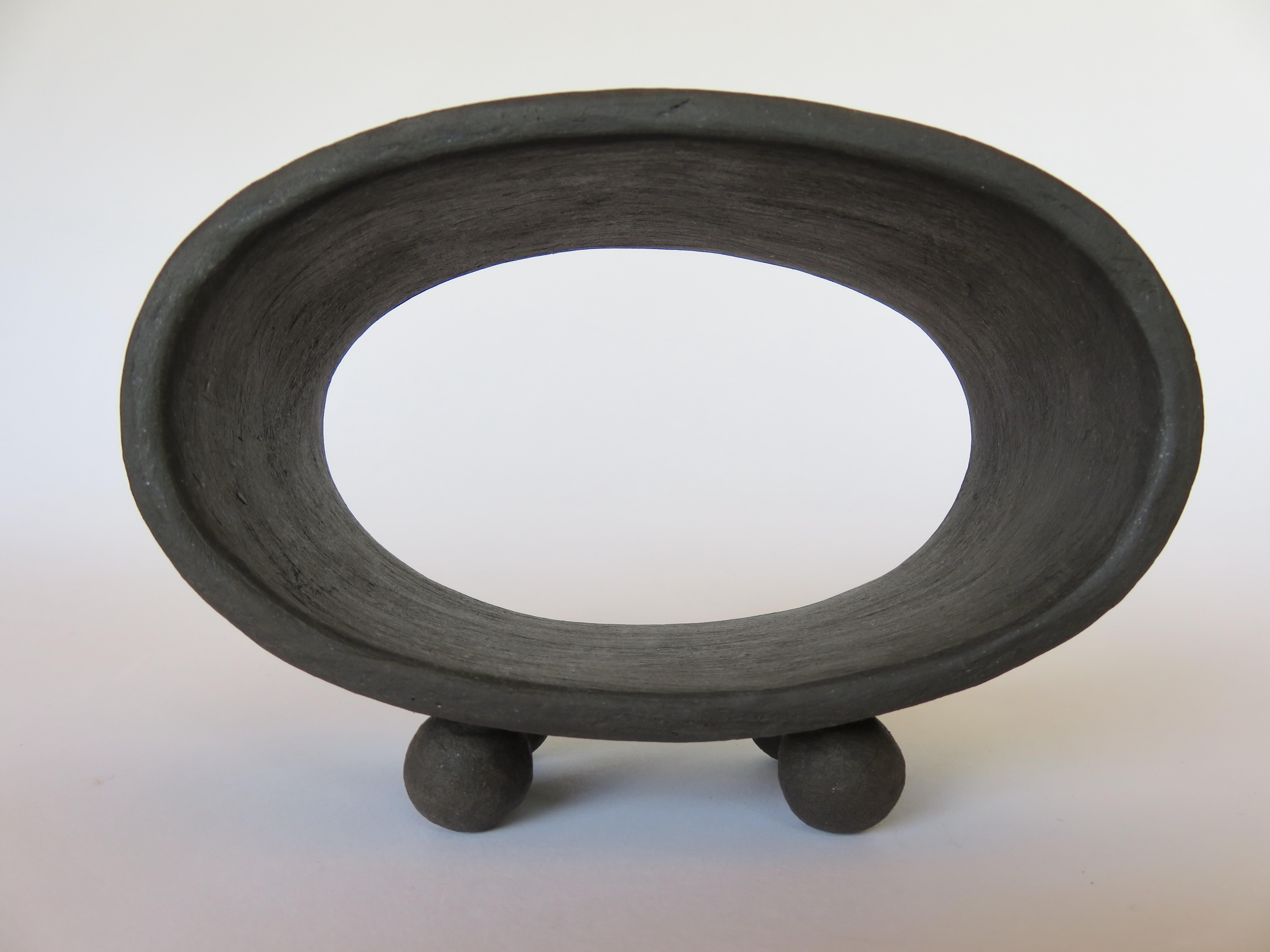 Dark Matte Brown Ceramic Sculpture, Hollow Oval on 4 Button Feet, Hand Built For Sale 2