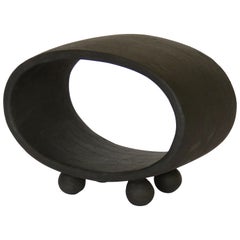 Dark Matte Brown Ceramic Sculpture, Hollow Oval on 4 Button Feet, Hand Built