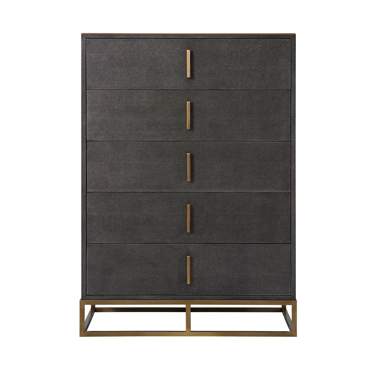 Contemporary Dark Mid Century Leather Tall Chest For Sale