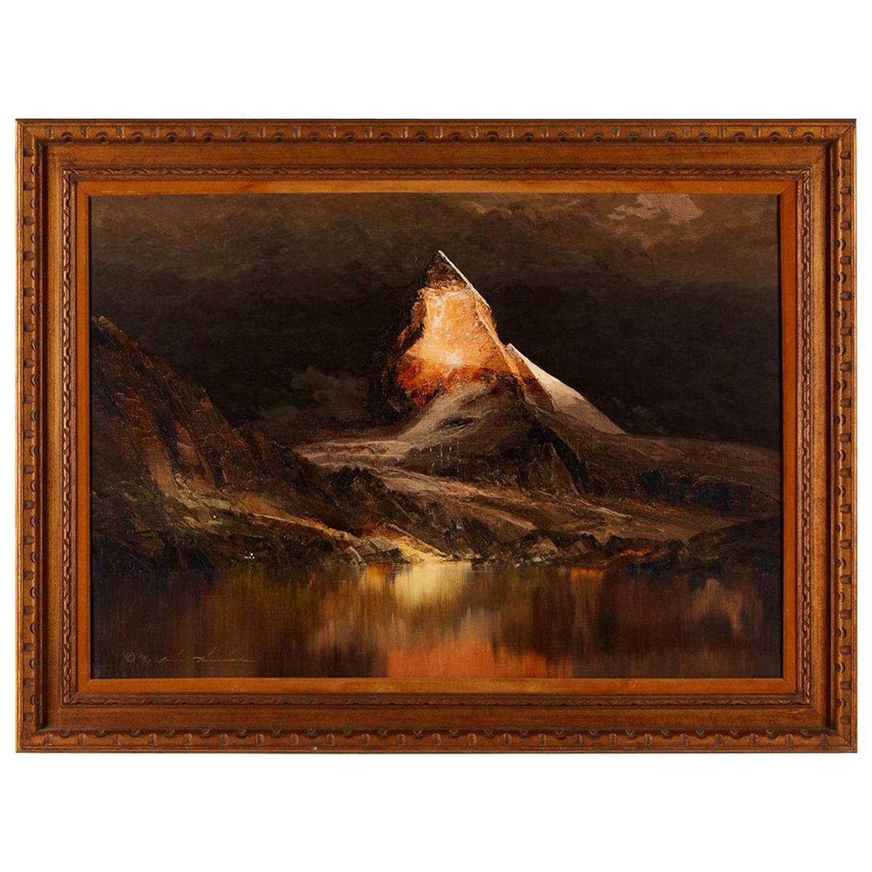 Dark Mountain Scene Signed Oil Painting Framed on Canvas