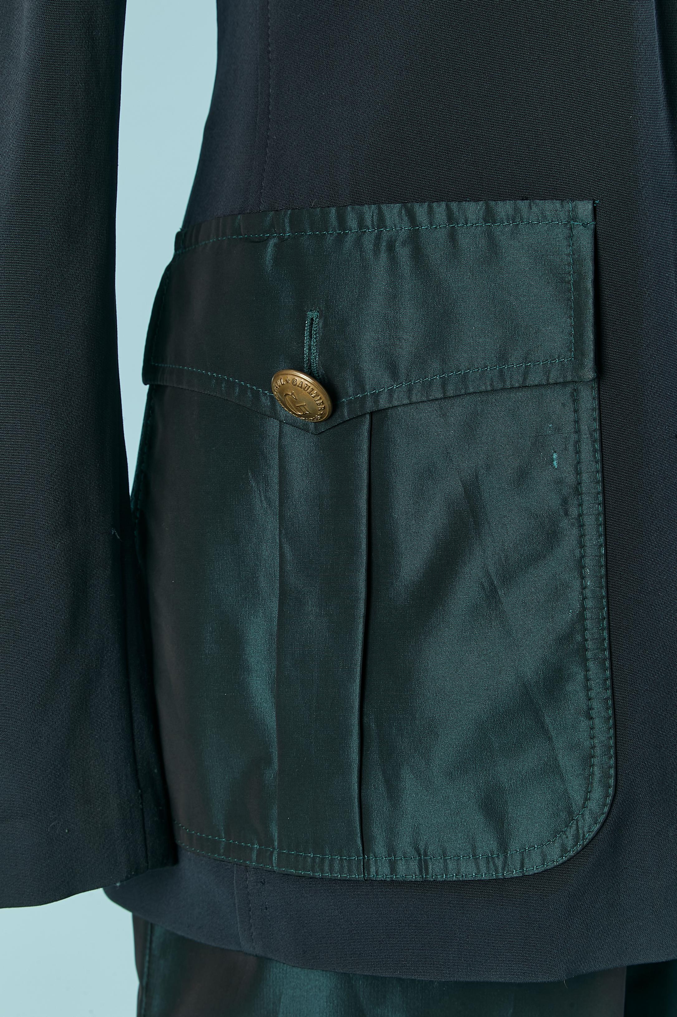 Dark navy blue and green taffetas trouser suit Jean-Paul Gaultier Classique In Excellent Condition For Sale In Saint-Ouen-Sur-Seine, FR