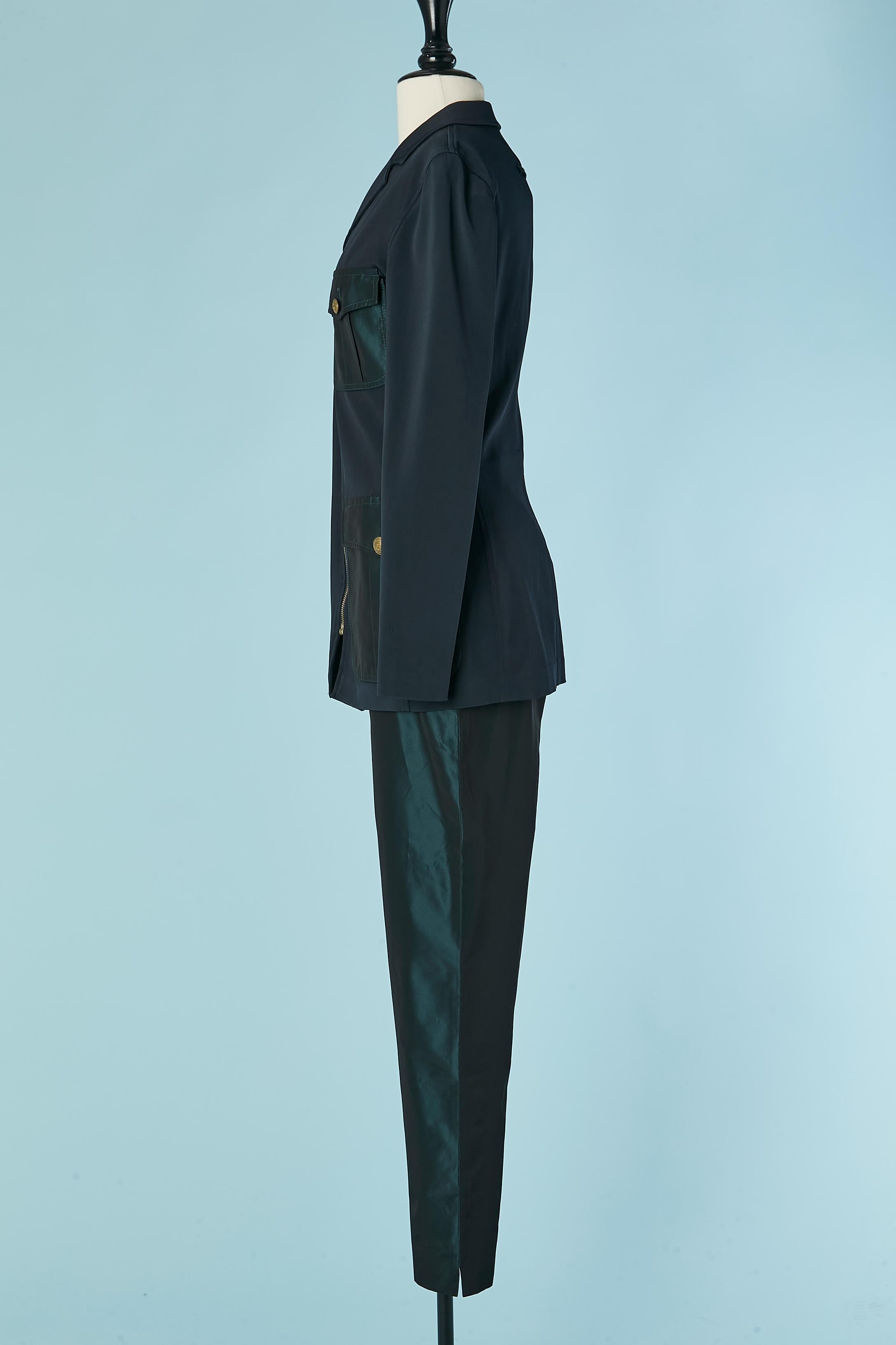 Women's Dark navy blue and green taffetas trouser suit Jean-Paul Gaultier Classique For Sale