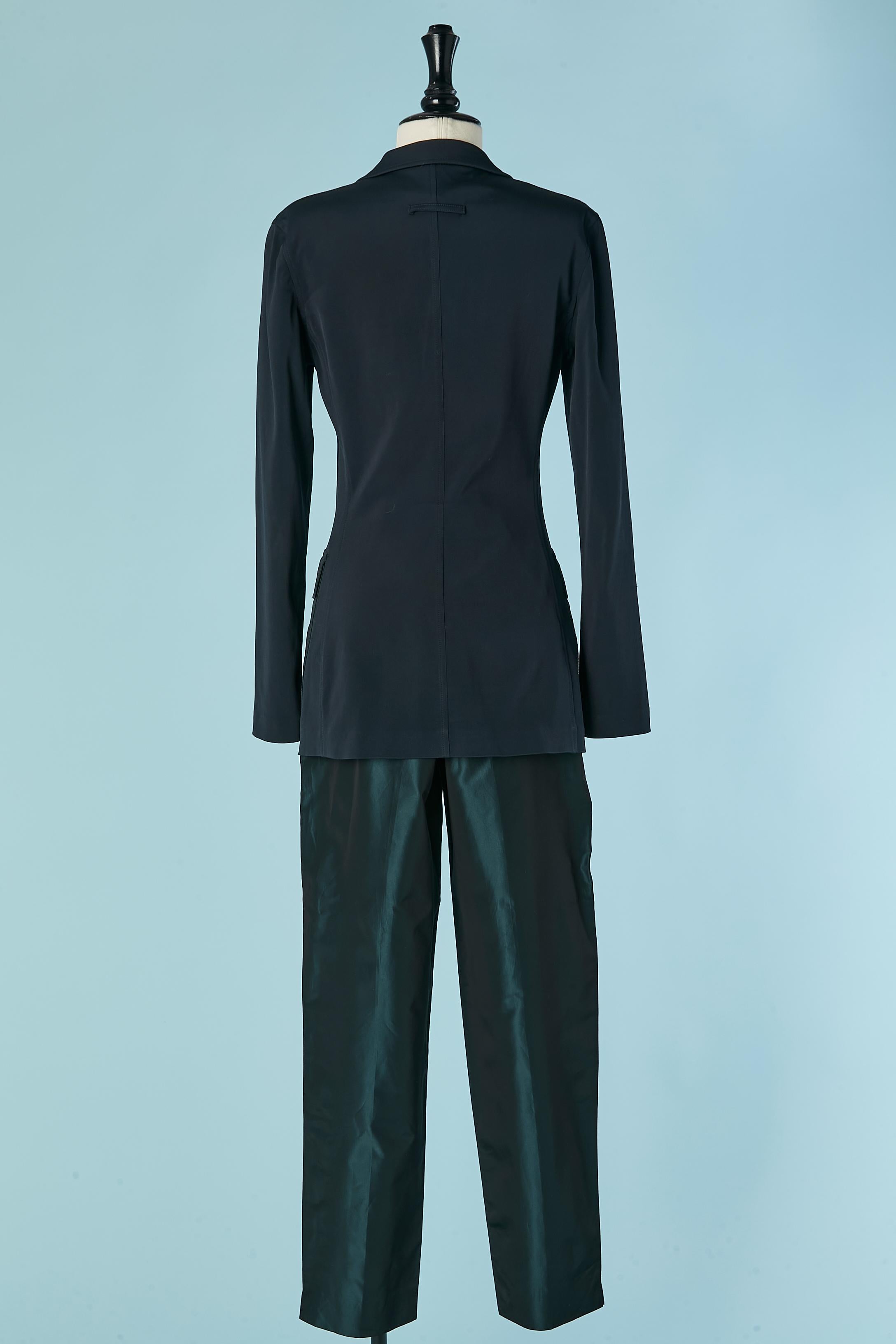 Dark navy blue and green taffetas trouser suit Jean-Paul Gaultier Classique For Sale 1