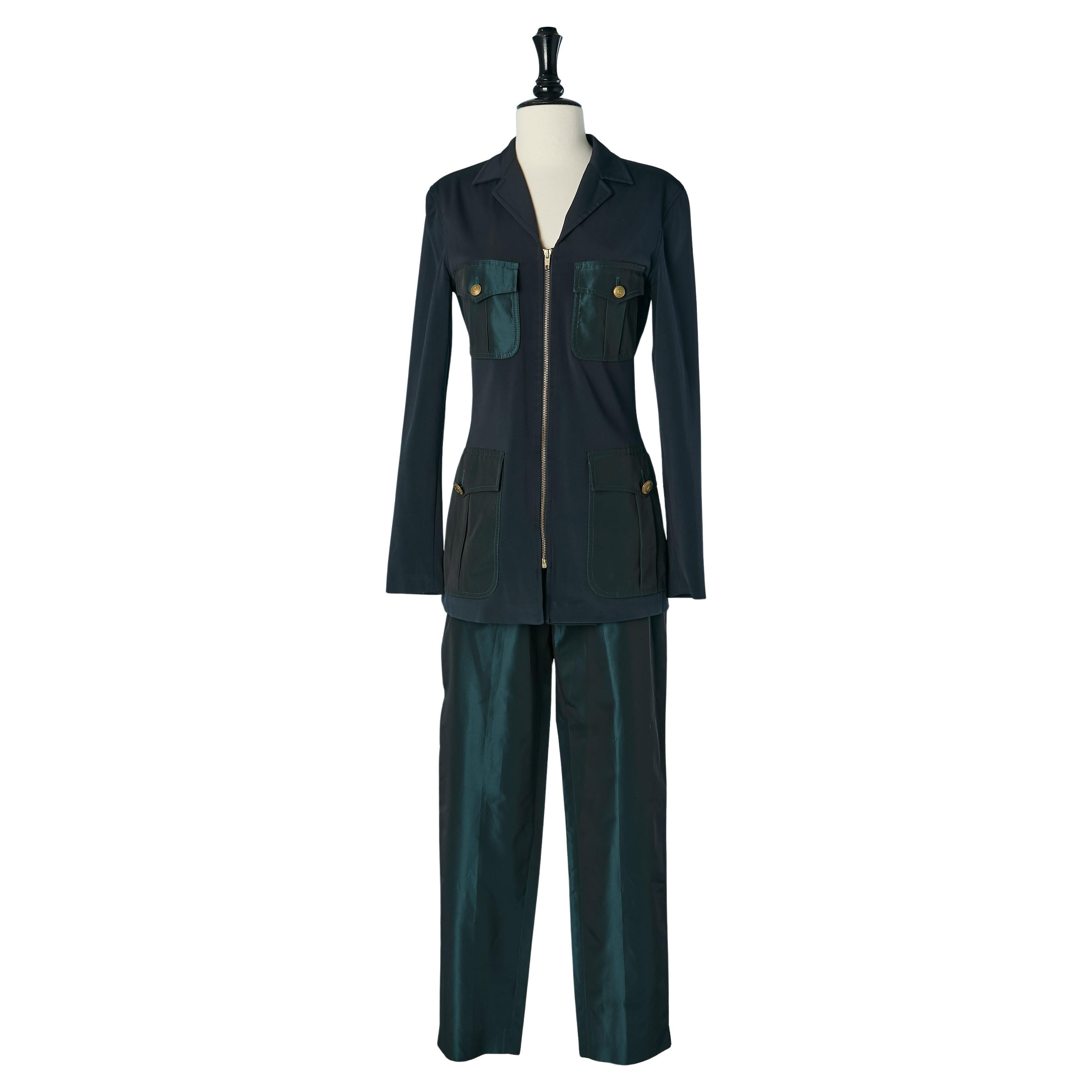 Dark navy blue and green taffetas trouser suit Jean-Paul Gaultier Classique For Sale