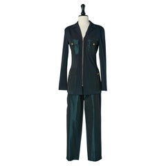 Costume pantalon en taffetas bleu marine foncé et vert Jean Paul Gaultier Classique