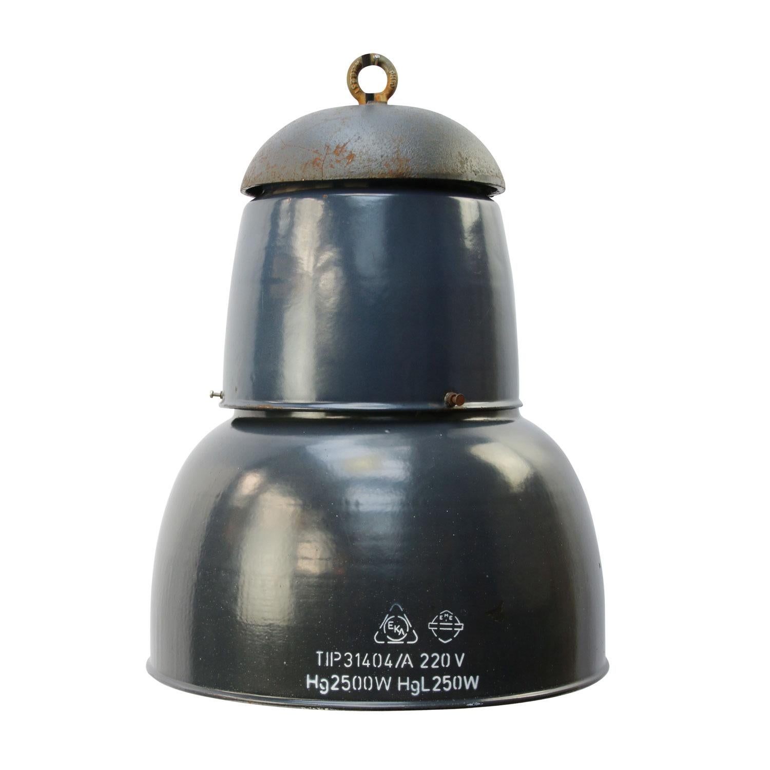 Dark blue enamel industrial pendant with white interior. 

Weight: 7.0 kg / 15.4 lb, 

Priced per individual item. All lamps have been made suitable by international standards for incandescent light bulbs, energy-efficient and LED bulbs. E26/E27