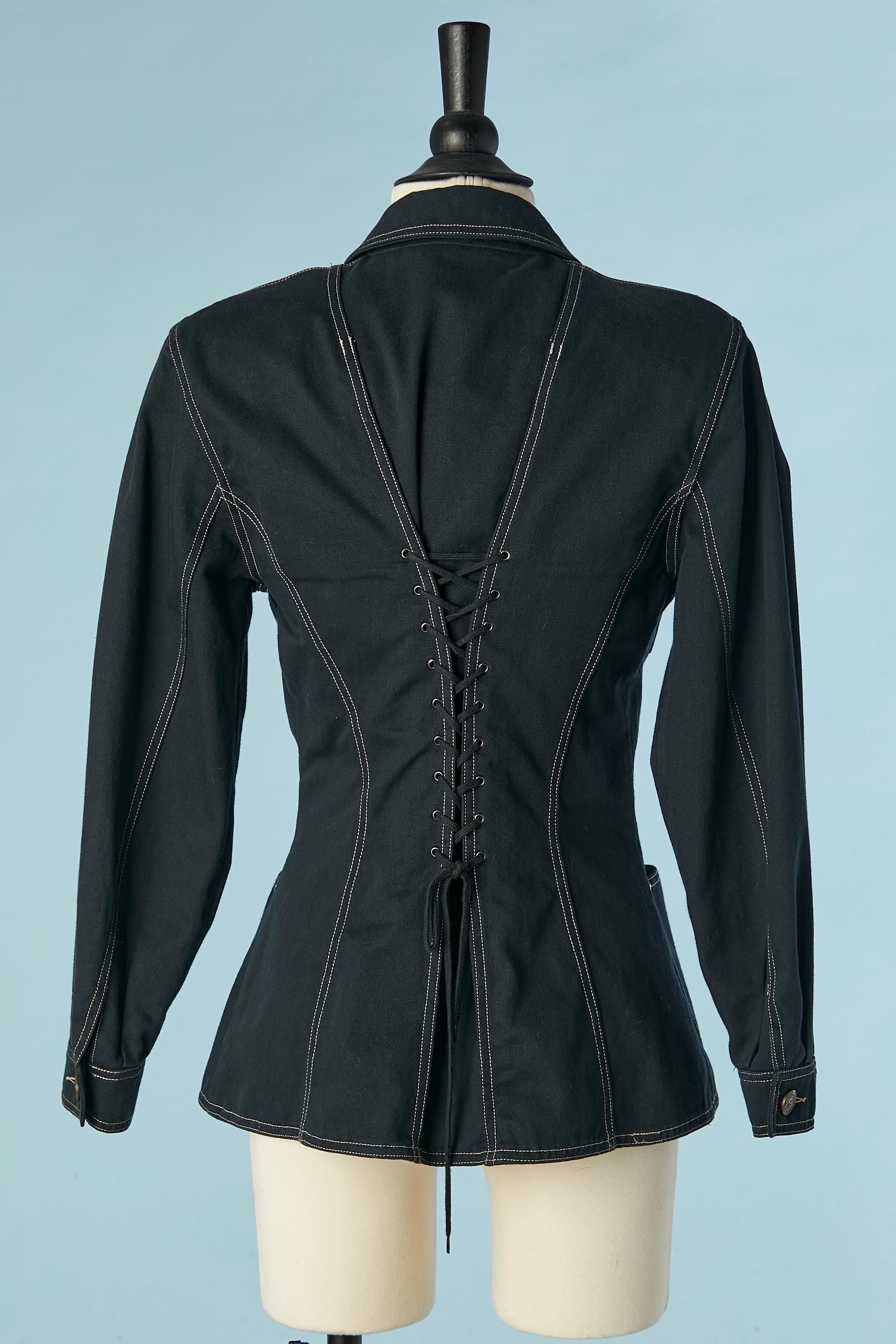 Dark navy blue single breasted cotton jacket with laces Lolita Bis  For Sale 2