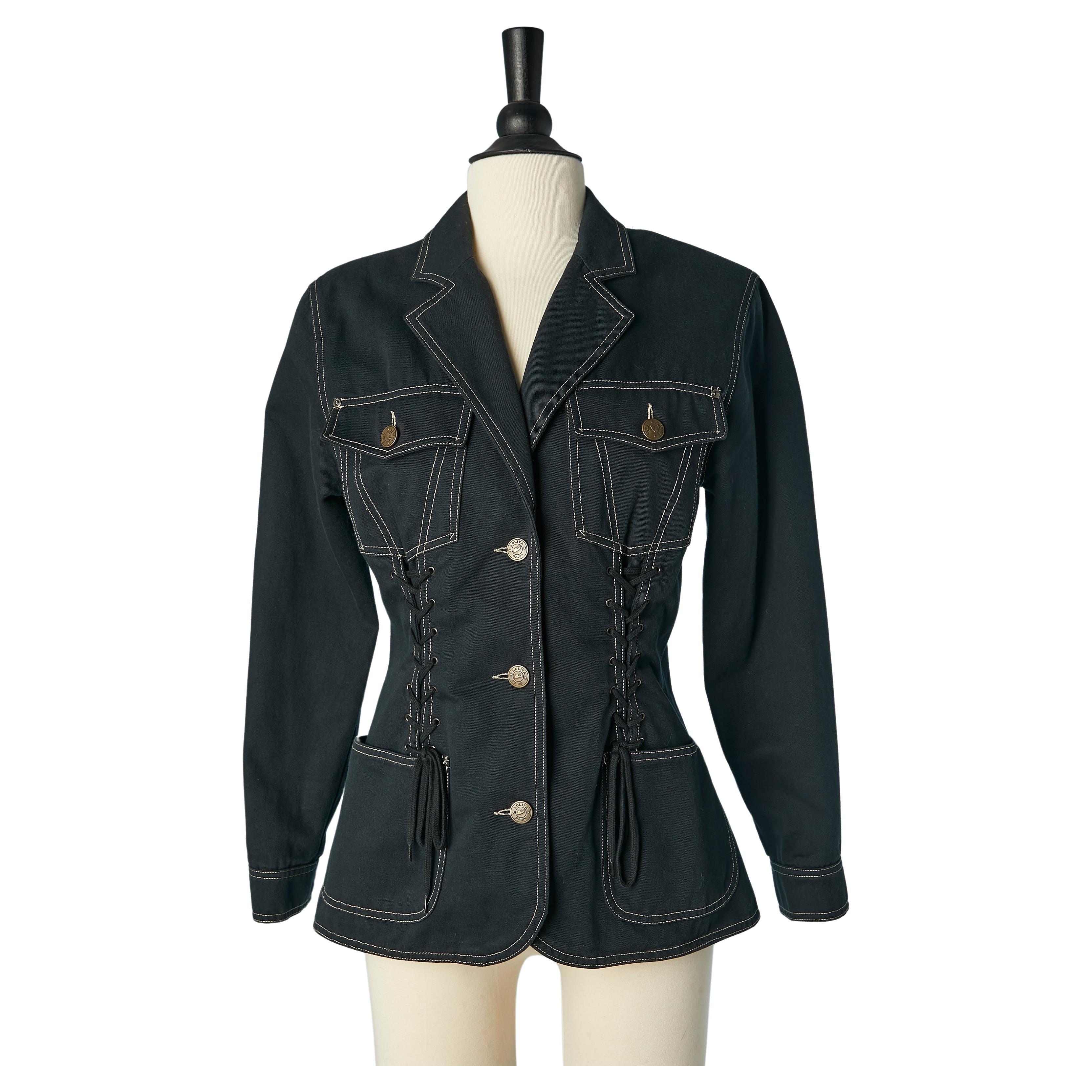 Dark navy blue single breasted cotton jacket with laces Lolita Bis  For Sale