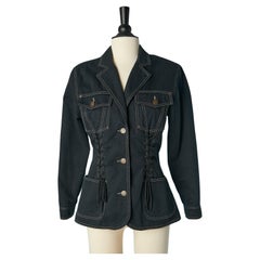 Dark navy blue single breasted cotton jacket with laces Lolita Bis 