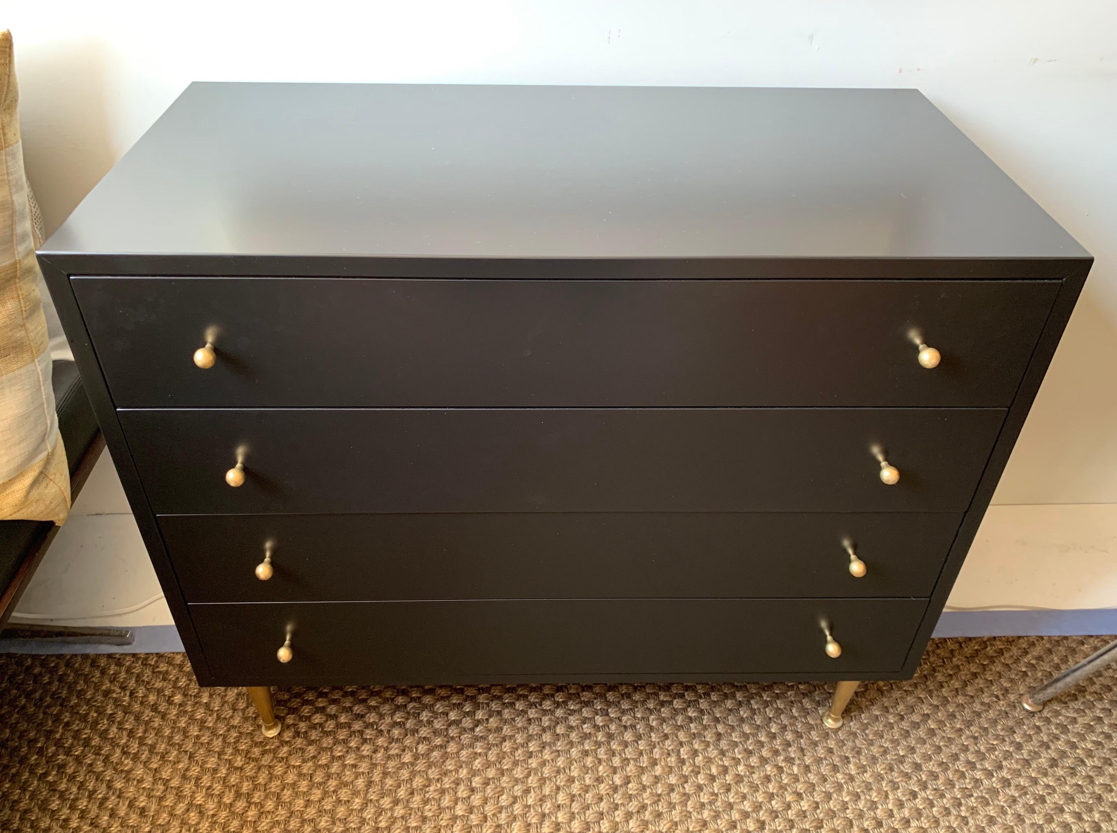 Newly refurbished, dark, dark navy, almost looks black under certain light, small four drawer commode,
circa 1970s with iconic midcentury lines.