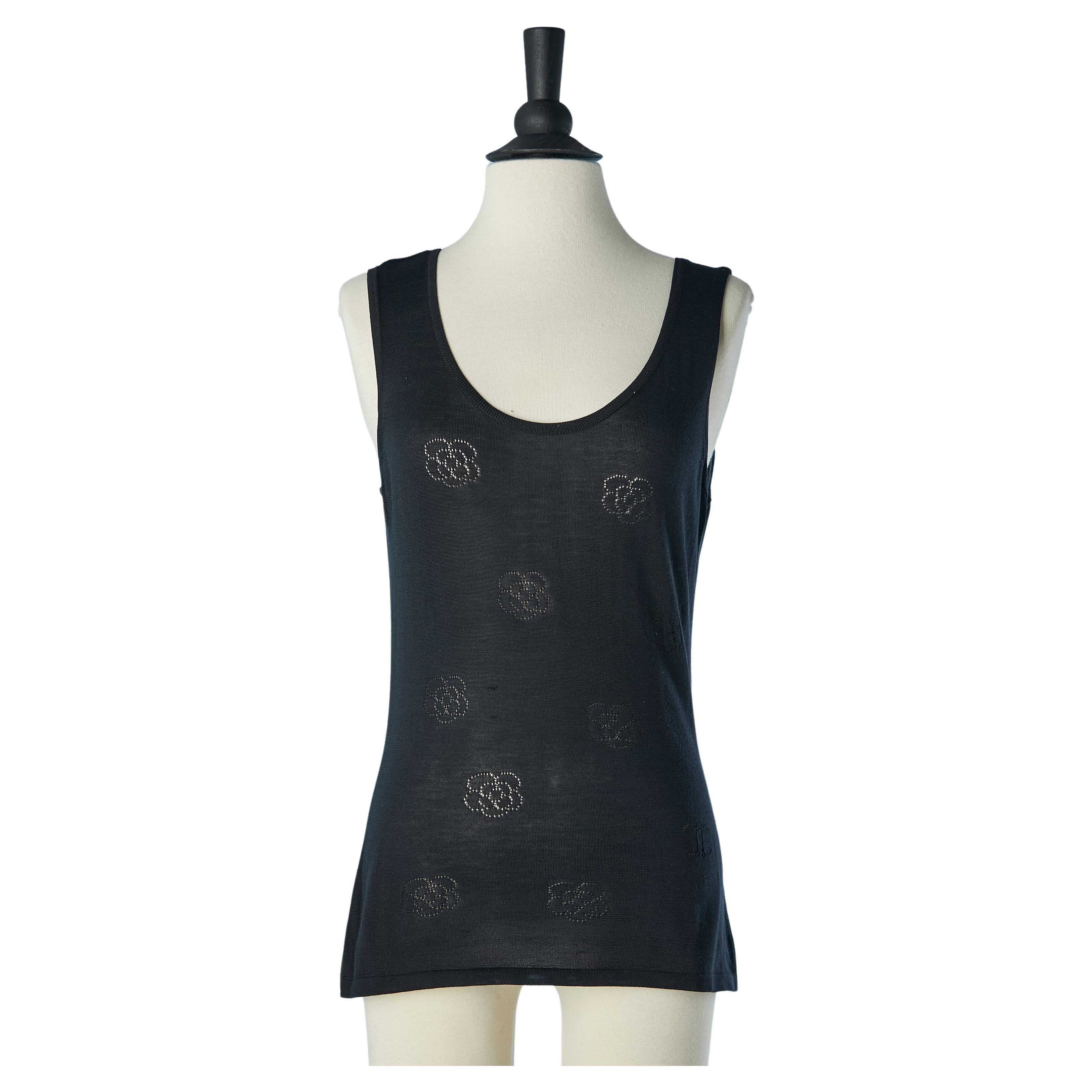 Dark navy silk jacquard knit tank top Chanel Boutique  For Sale