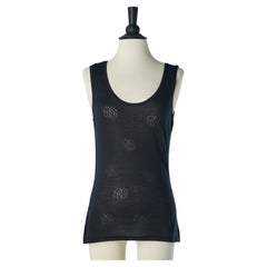 Used Dark navy silk jacquard knit tank top Chanel Boutique 