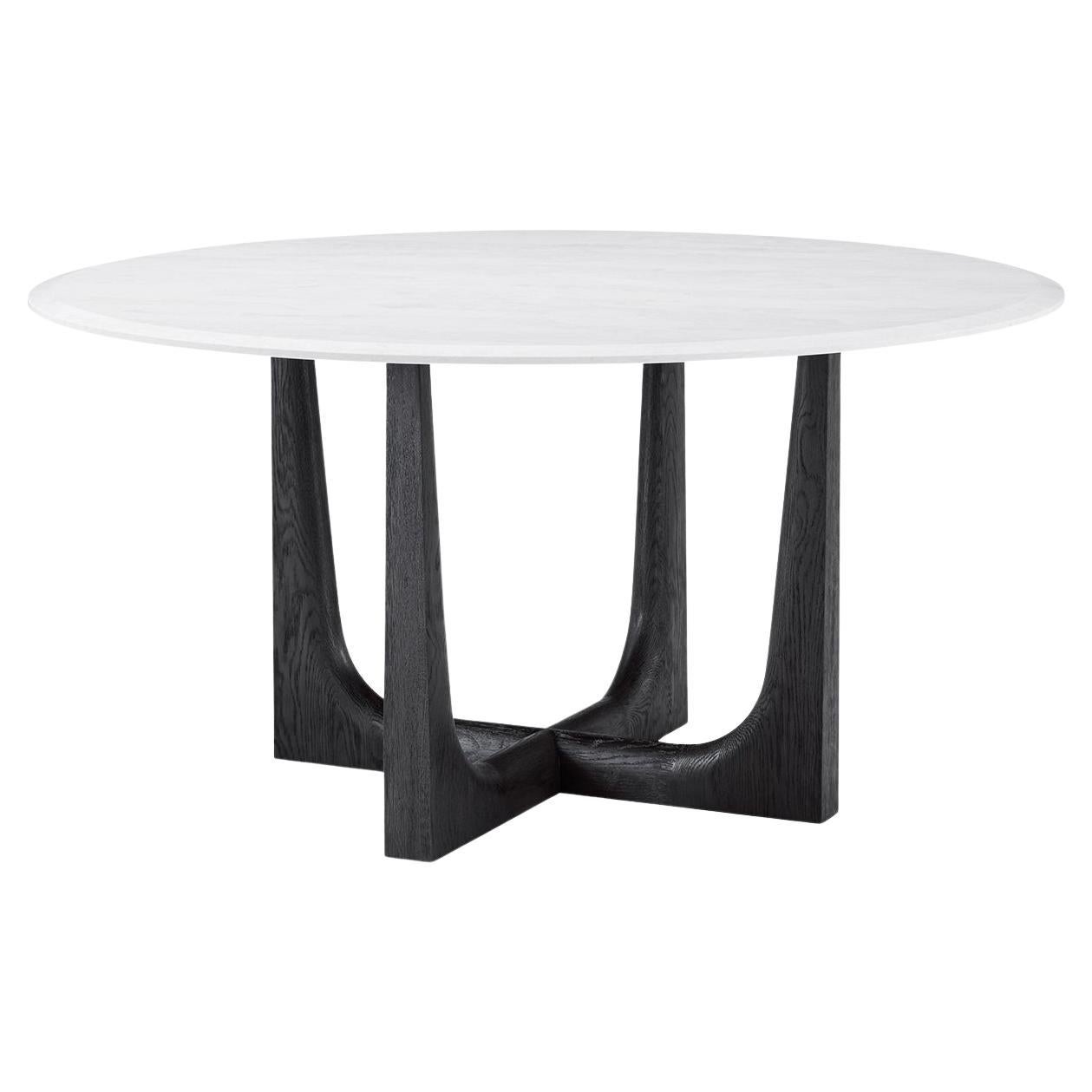 Mesa de comedor redonda de roble oscuro y cuarzo en venta