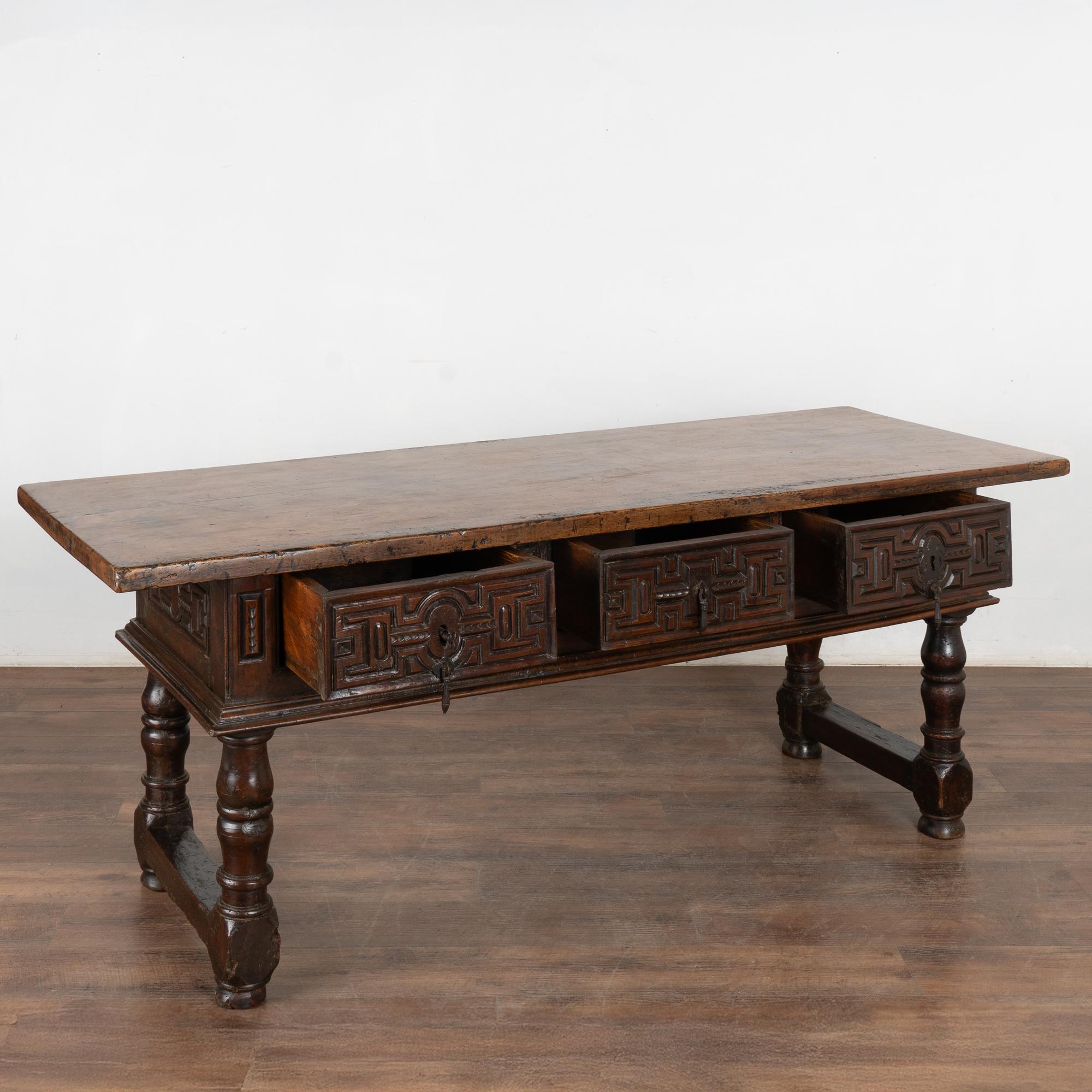 Spanish Colonial 17th Century Dark Walnut Console Table with Three Drawers, Spain