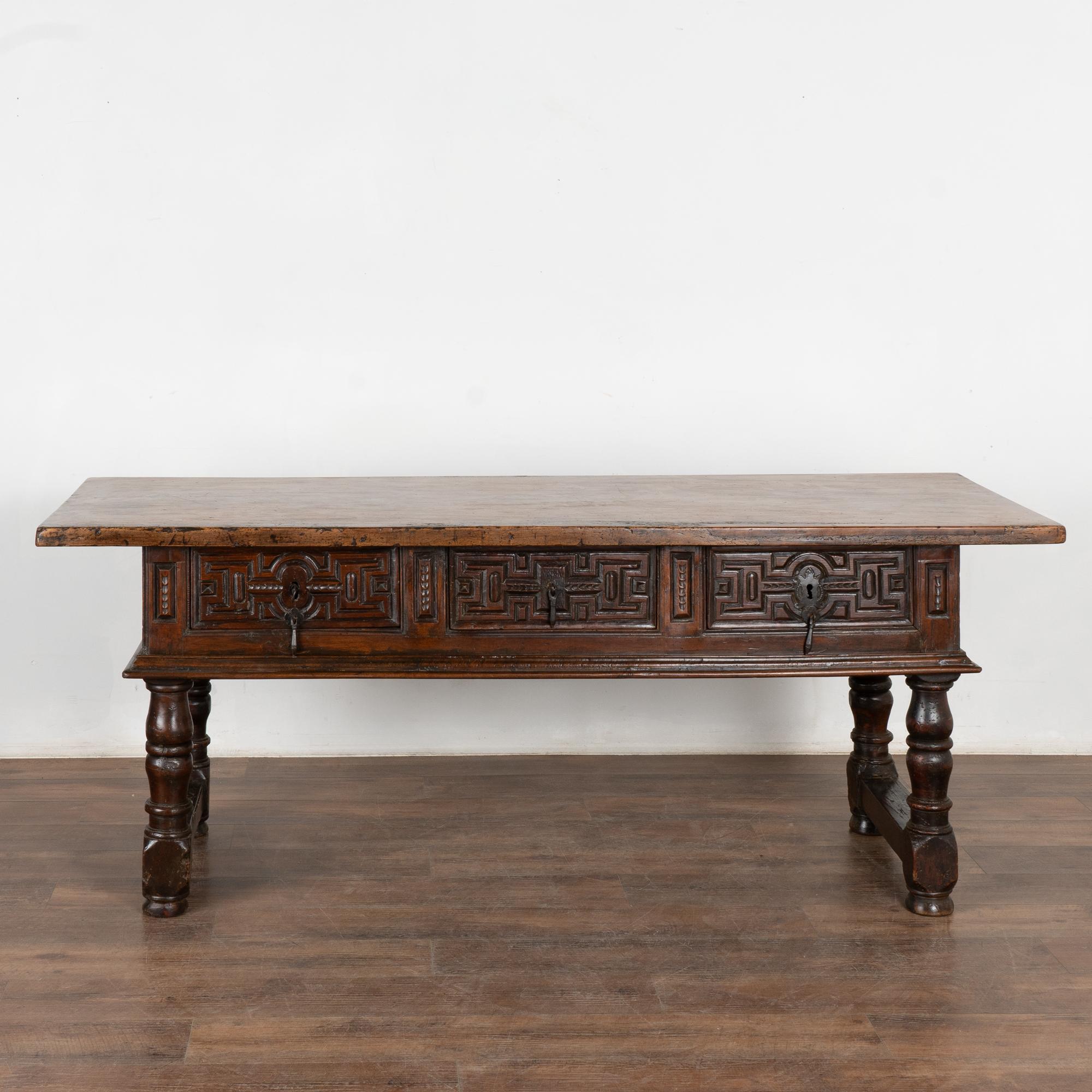 Spanish 17th Century Dark Walnut Console Table with Three Drawers, Spain