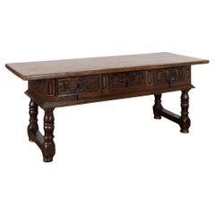 17th Century Dark Walnut Console Table with Three Drawers, Spain