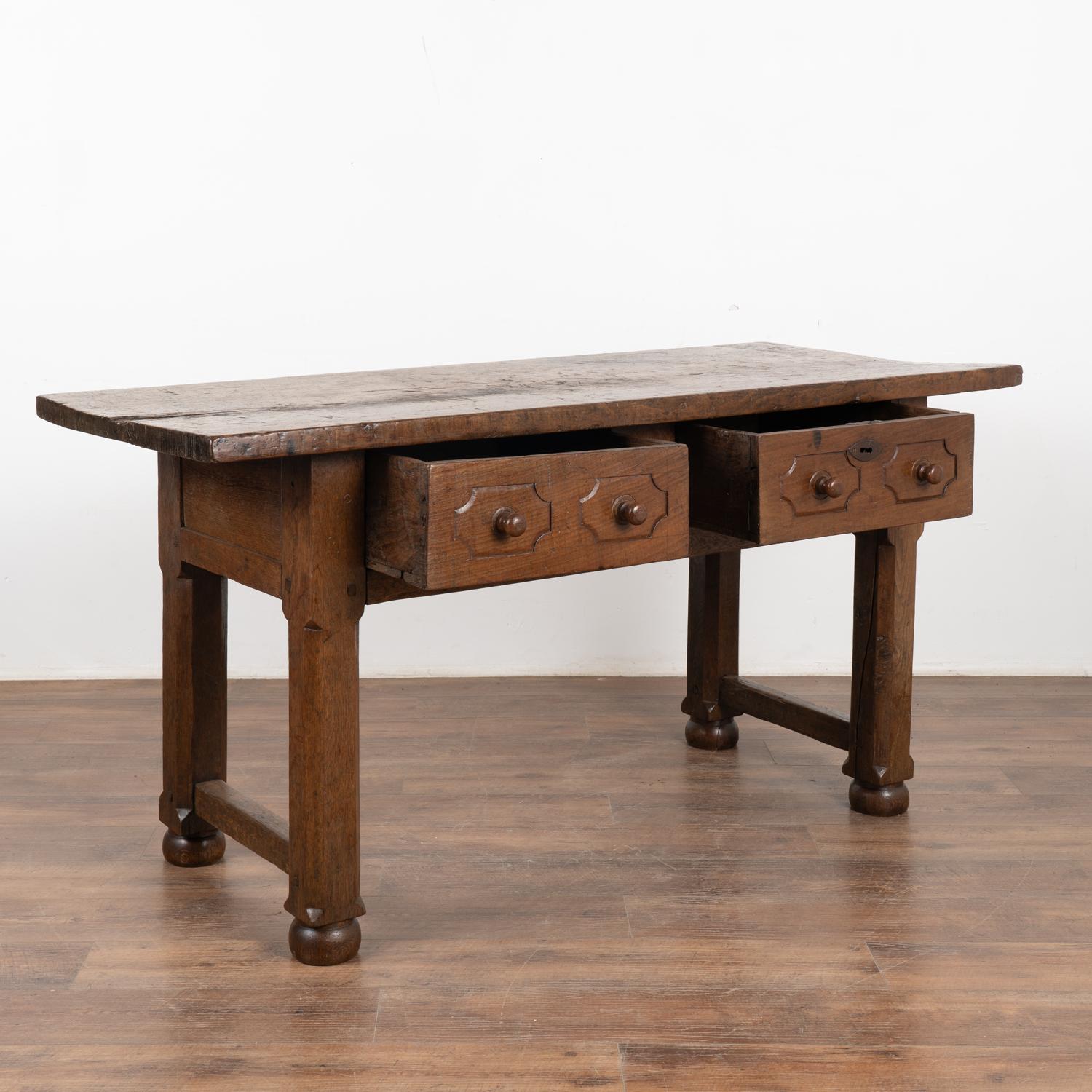 Rustic Dark Oak Console Table with Two Drawers, Spain 1800's For Sale