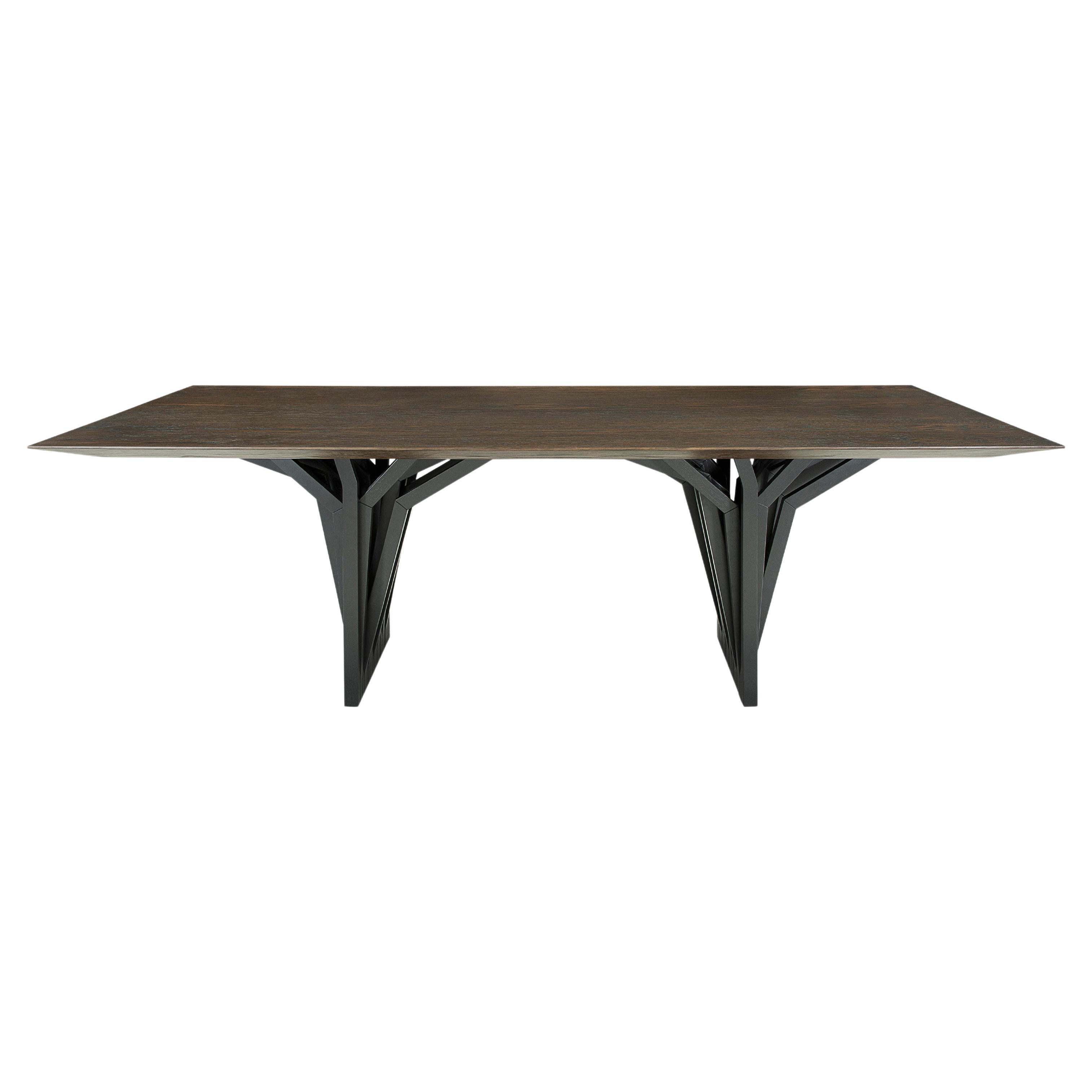 Table de salle à manger en Oak Oak avec base noire sculpturale et plateau de 98 pouces - Radi Line