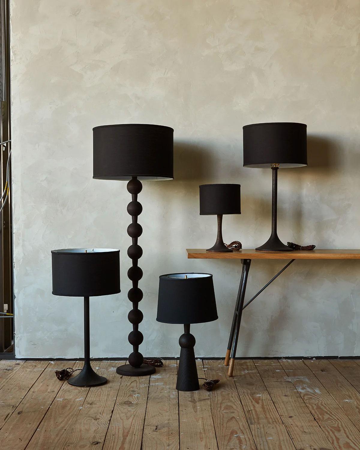 Black Oak Modern Hugo Barbell Floor Lamp, Belgian Linen Shade For Sale 1