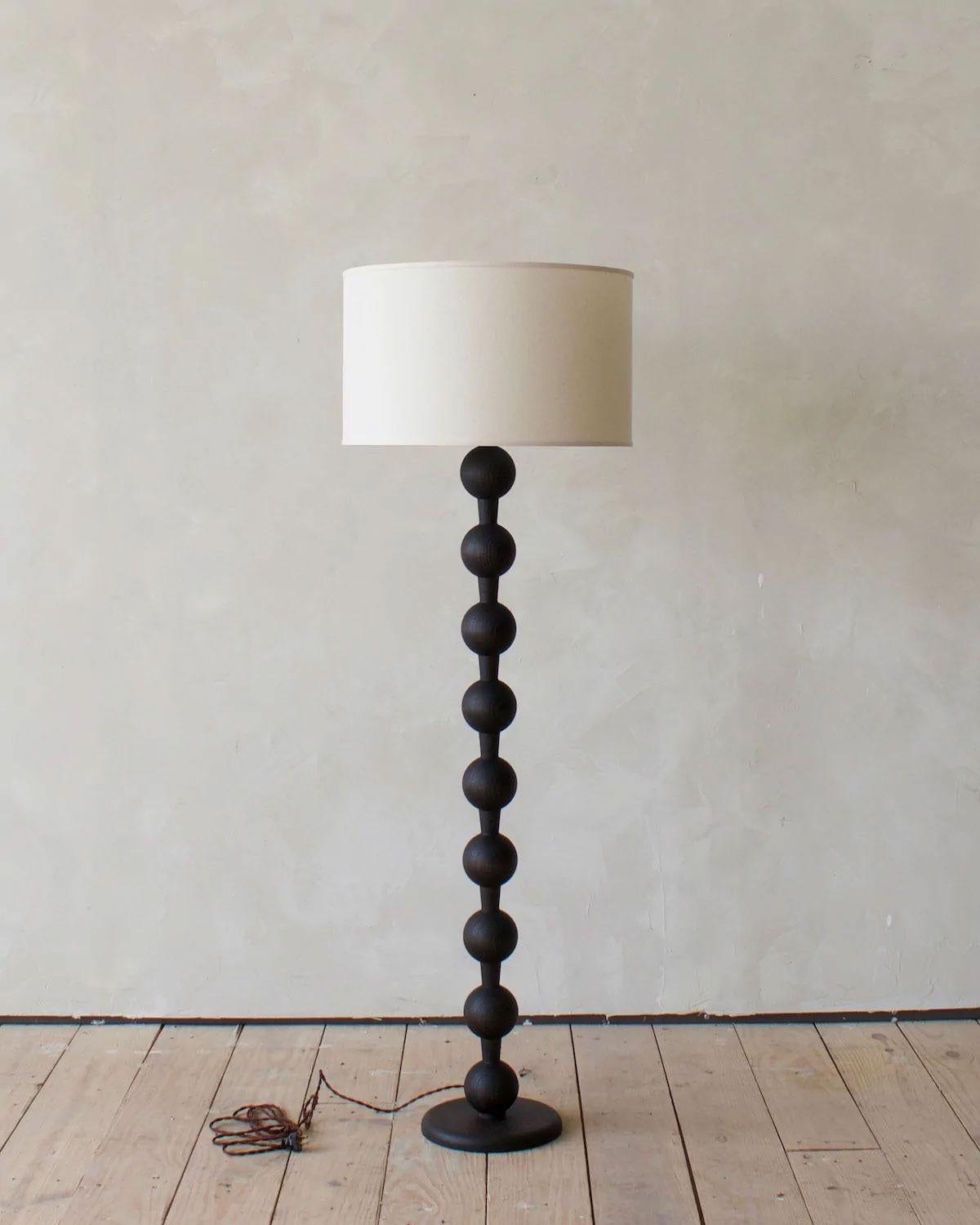 Black Oak Modern Hugo Barbell Floor Lamp, Belgian Linen Shade In New Condition For Sale In Philadelphia, PA