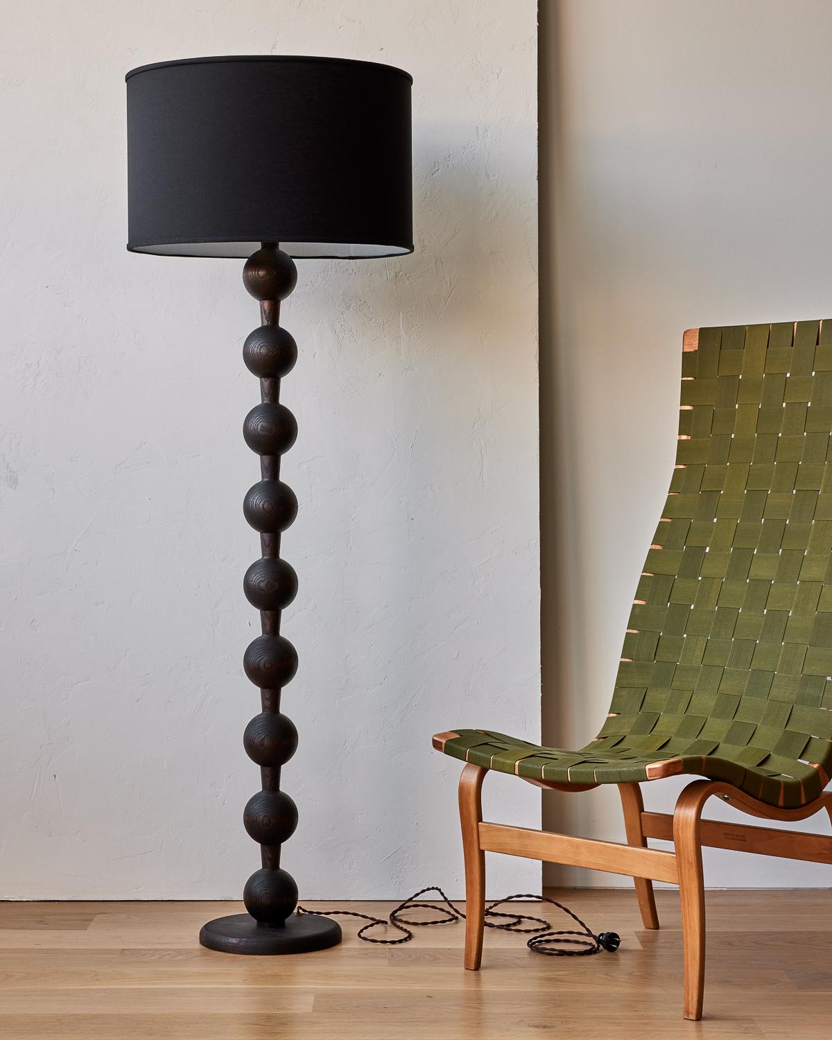 American Black Oak Modern Hugo Barbell Floor Lamp, Belgian Linen Shade For Sale