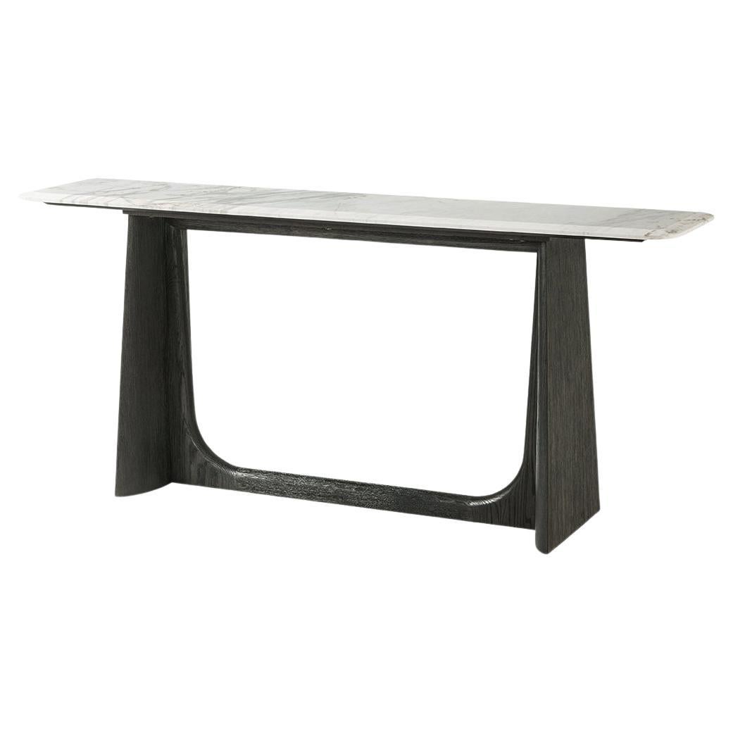 Table console moderne en chêne foncé avec plateau en marbre