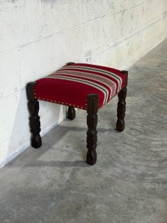 Dark Oak Ottoman Footstool with Red Striped Fabric Upholstery Vintage