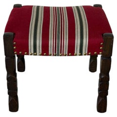 Dark Oak Ottoman Footstool with Red Striped Fabric Upholstery Vintage