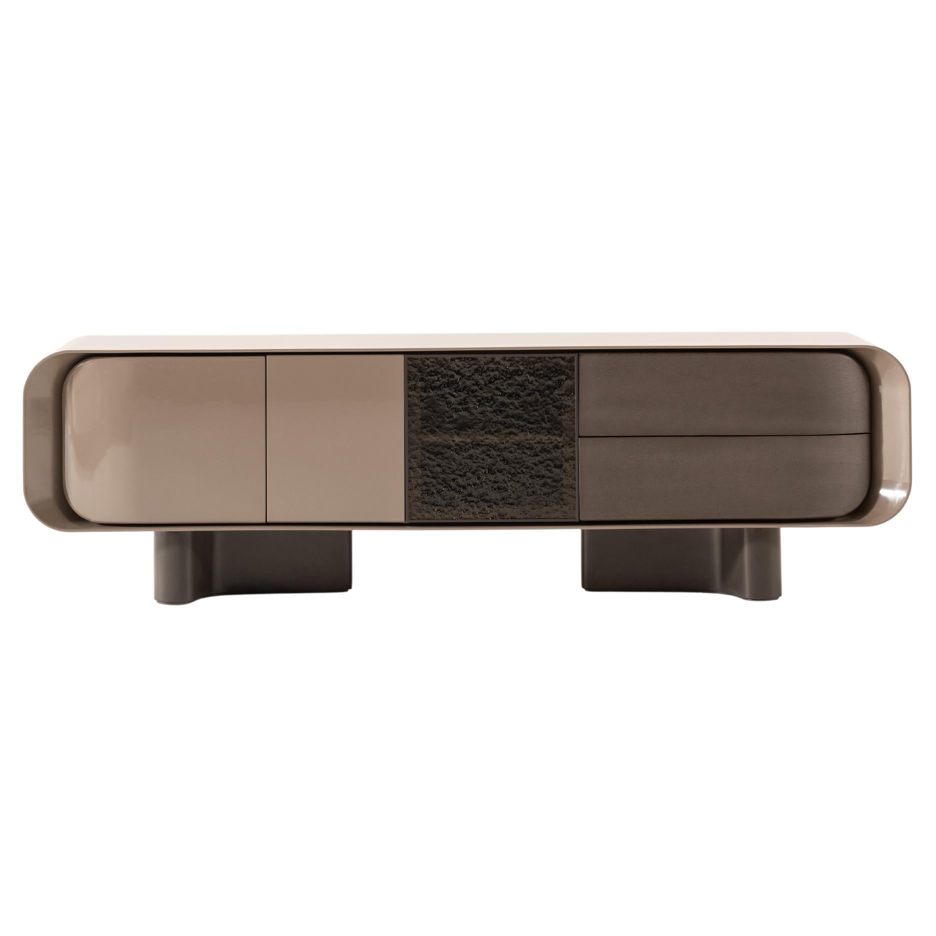ALO Sideboard in Dark Oak Wood with Lacquer and Sculptural Glass Door For Sale