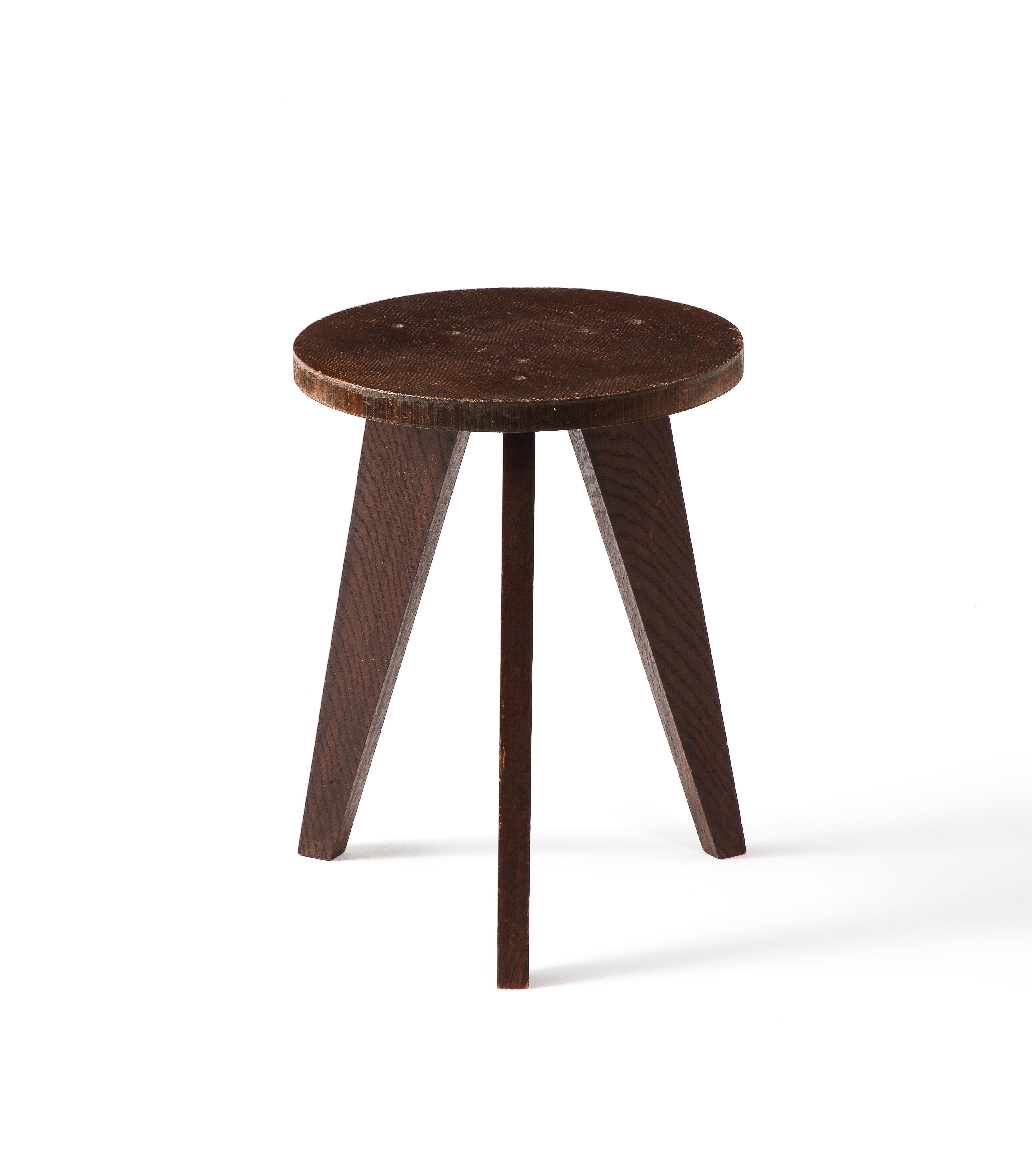 Dark Oak Stool in the Style of Hervé Bayley, France 1950s For Sale 7