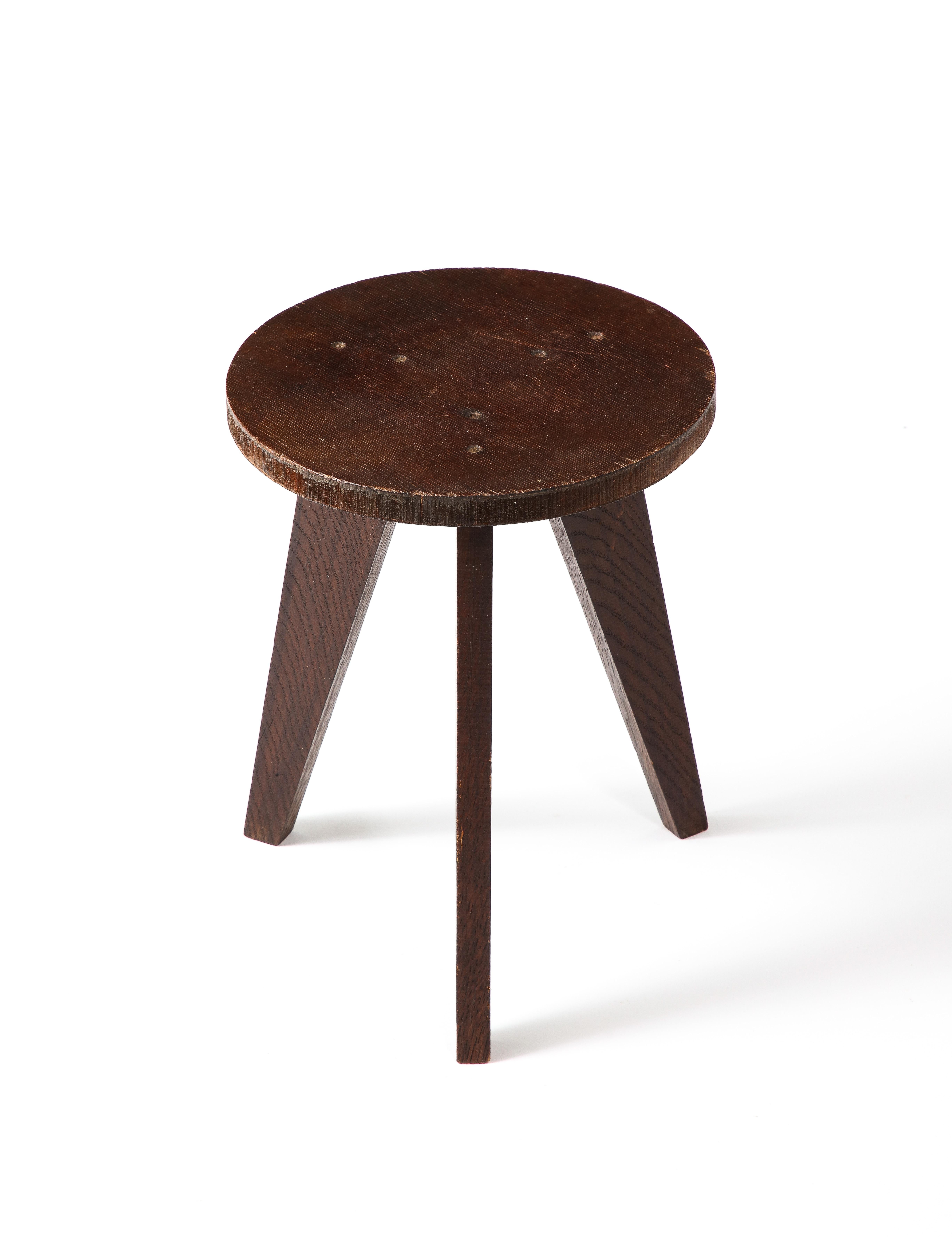 Dark Oak Stool in the Style of Hervé Bayley, France 1950s For Sale 8