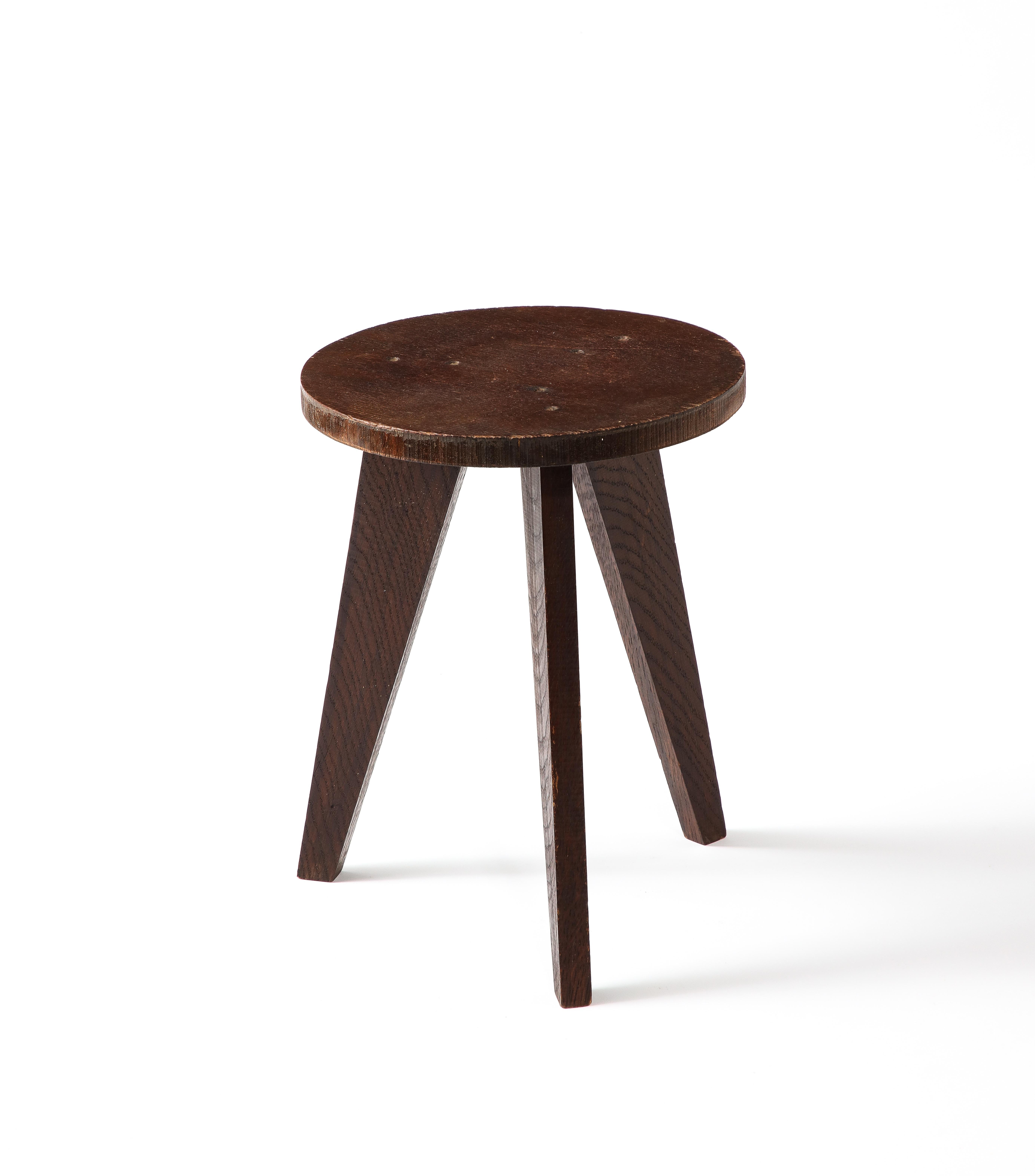 Mid-Century Modern Dark Oak Stool in the Style of Hervé Bayley, France 1950s For Sale