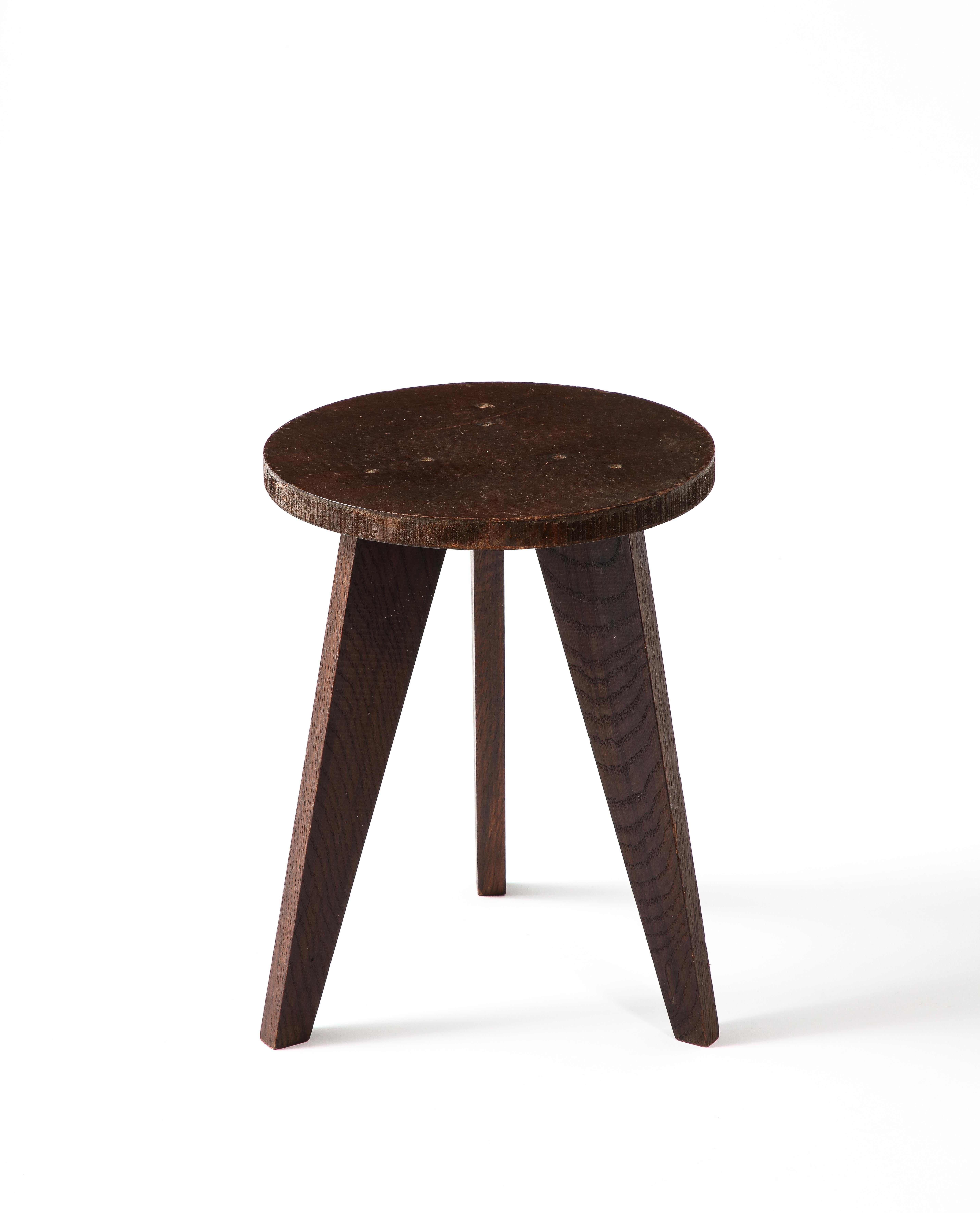 Dark Oak Stool in the Style of Hervé Bayley, France 1950s In Good Condition For Sale In New York, NY