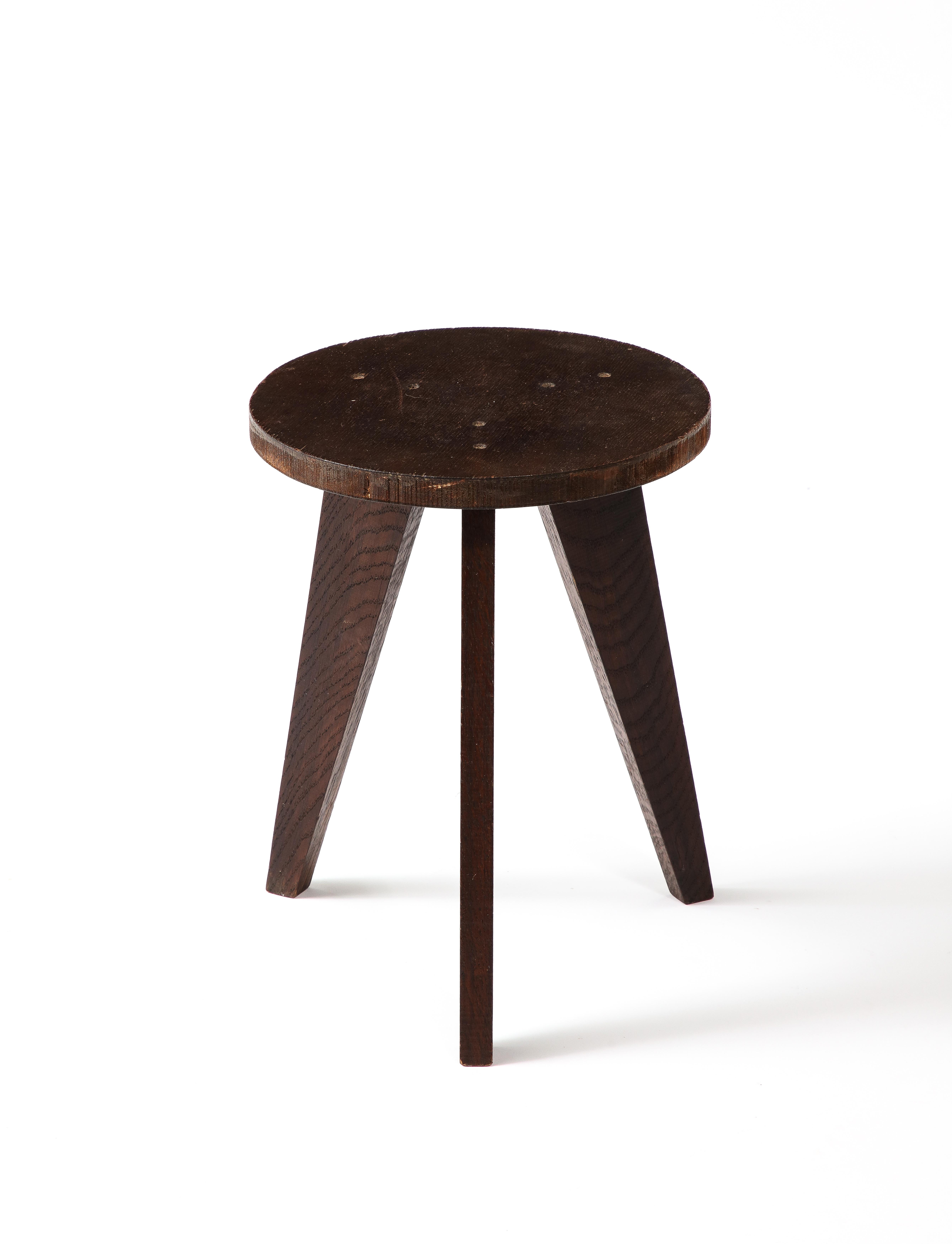 20th Century Dark Oak Stool in the Style of Hervé Bayley, France 1950s For Sale