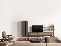 DARK OAK TV Media Console with Lacquer Finish and Textured Glass Cabinet