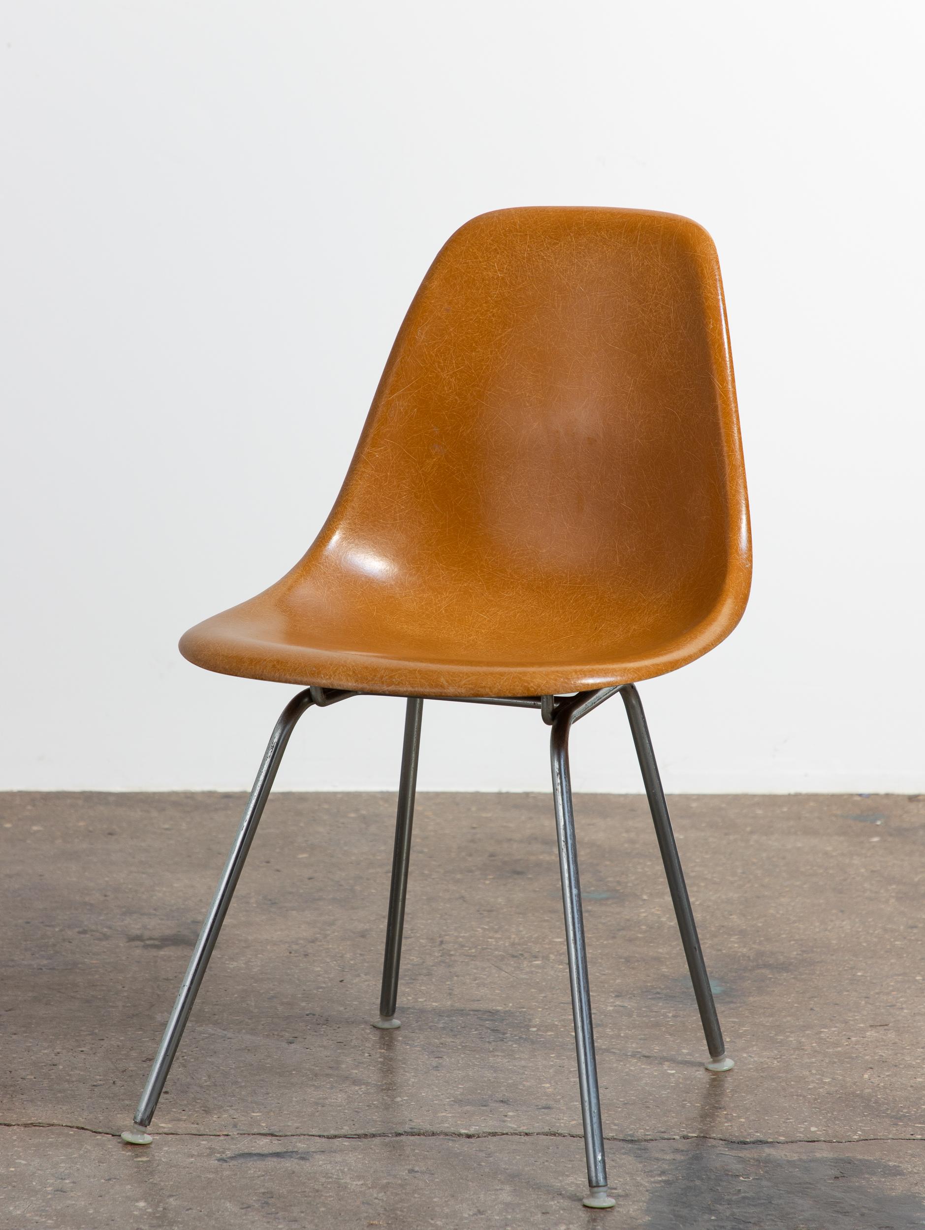 Molded Dark Ochre Yellow Mustard Eames Herman Miller Vintage Fiberglass Shell Chairs For Sale