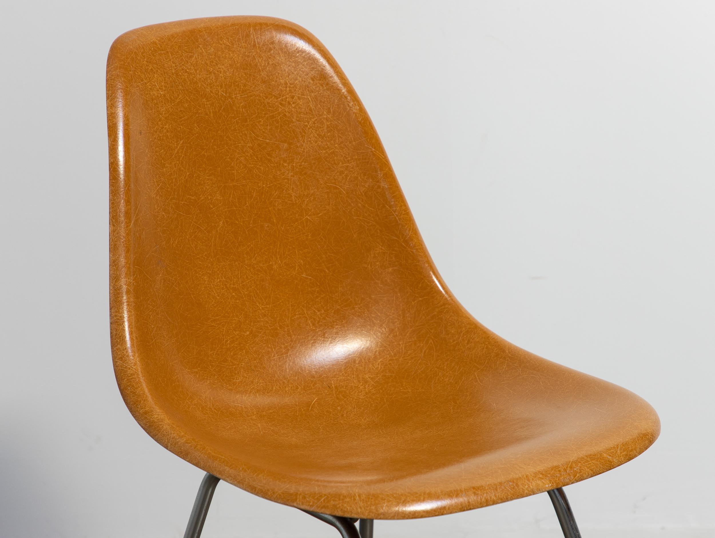 Mid-20th Century Dark Ochre Yellow Mustard Eames Herman Miller Vintage Fiberglass Shell Chairs For Sale