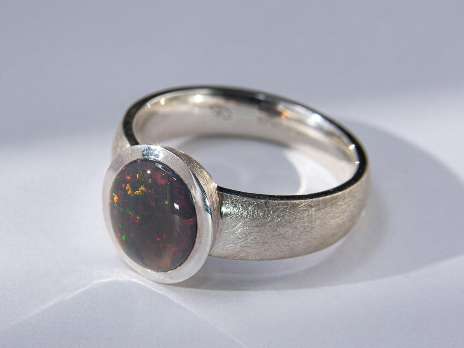 Artist Dark Opal Ring silver Polychrome Multicolor Opalescence Valentines day gift For Sale