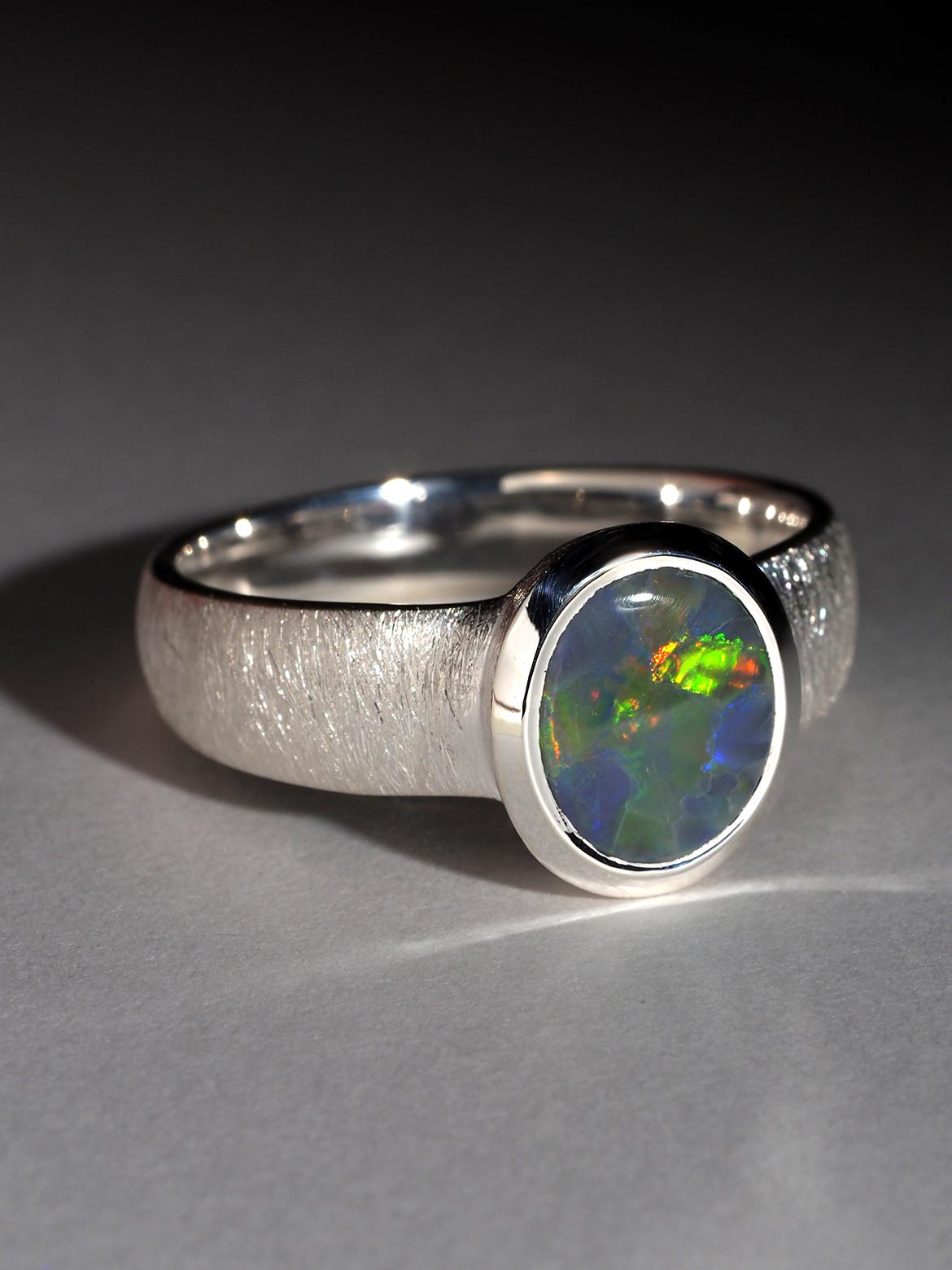 Dark Opal Silver Ring 1.7 carat certificate gift mens jewelry For Sale 5