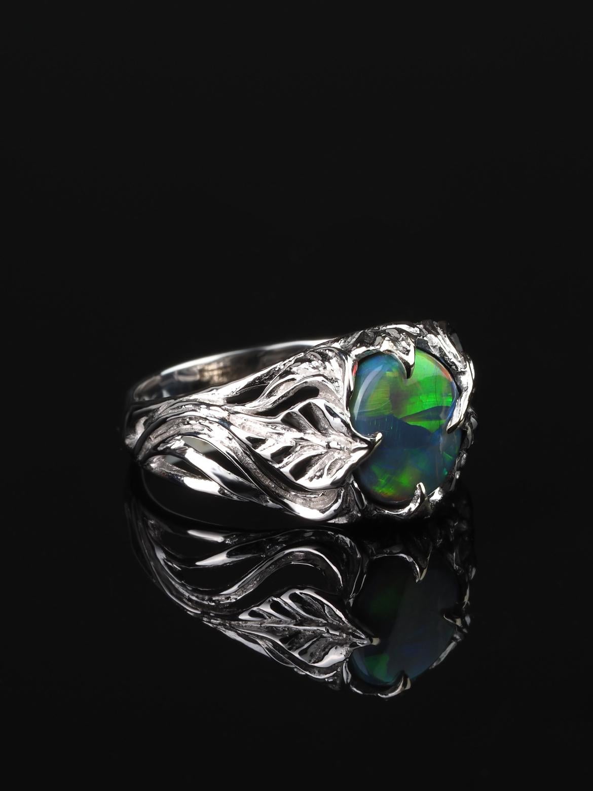 Art Nouveau Dark Opal White Gold Engagement Ring Australian Opal  For Sale
