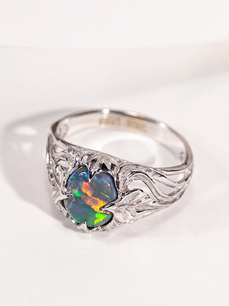 Dark Opal White Gold Ring Bright Multicolor Natural Gem Art Nouveau For Sale 2