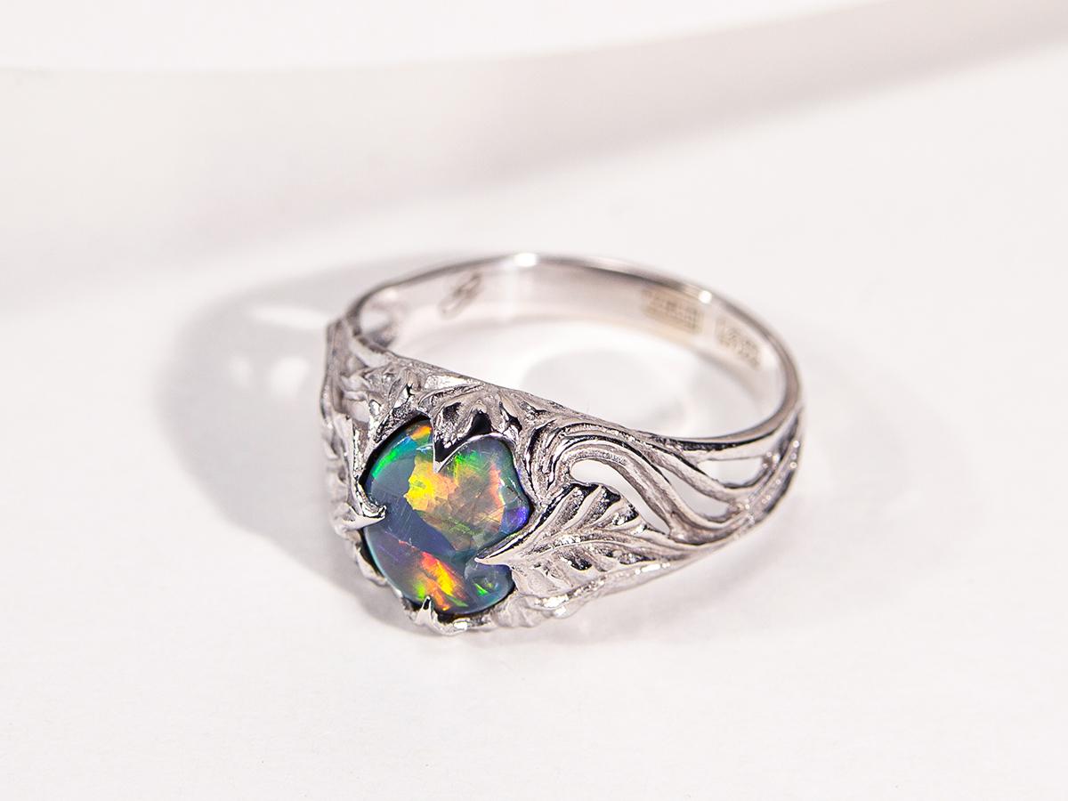 Dark Opal White Gold Ring Bright Multicolor Natural Gem Art Nouveau For Sale 8